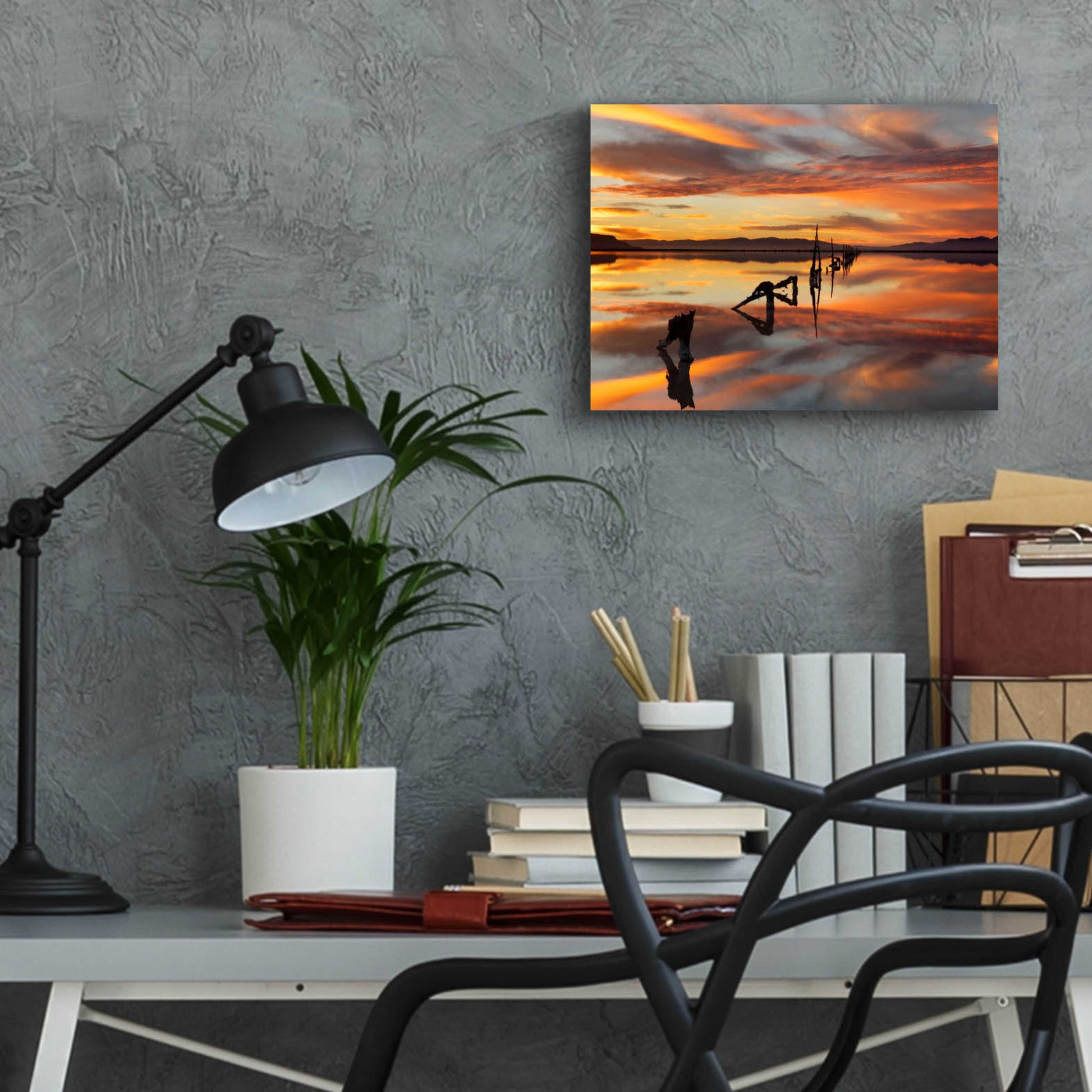 Epic Art 'Great Salt Lake Pilings Sunset' by Mike Jones, Acrylic Glass Wall Art,16x12