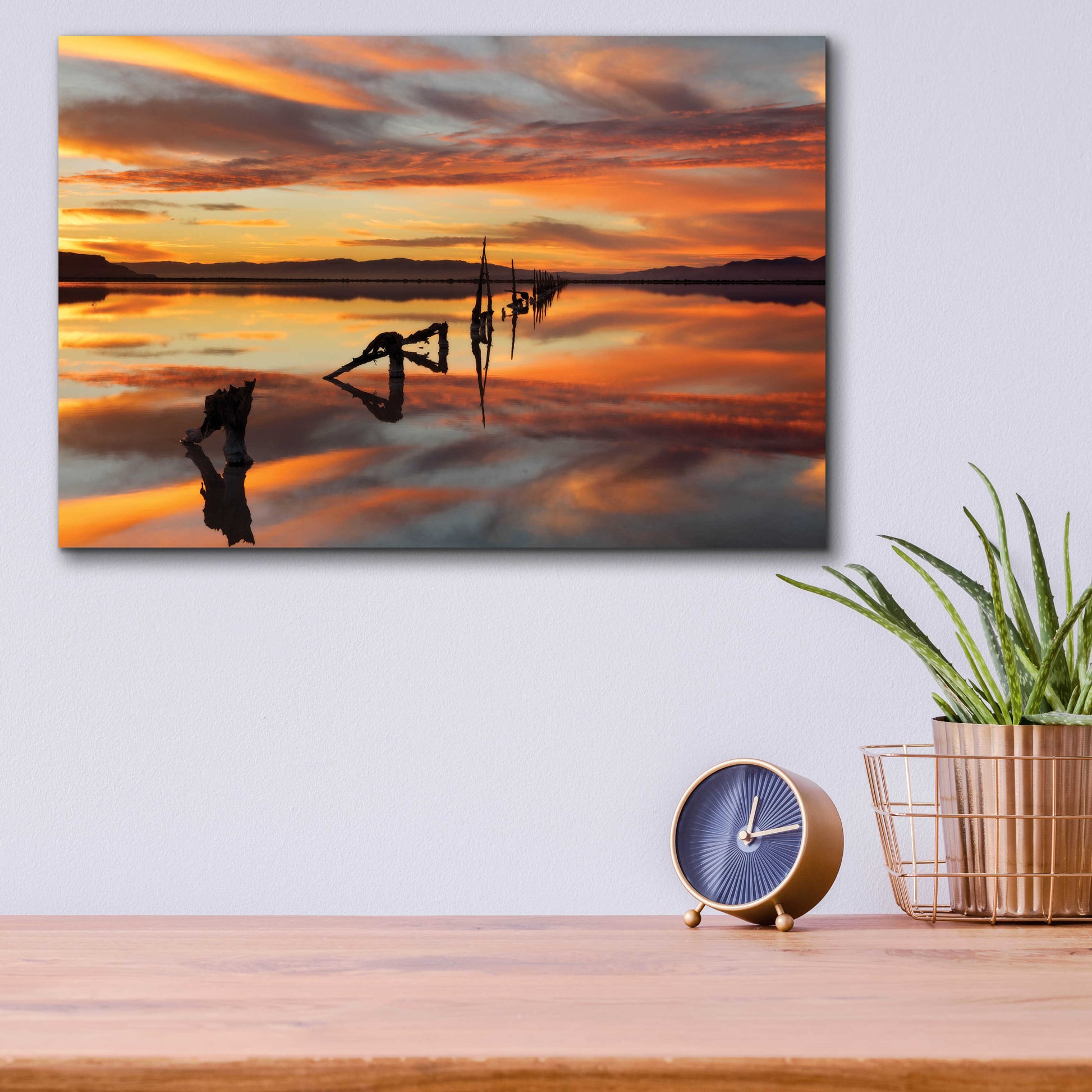 Epic Art 'Great Salt Lake Pilings Sunset' by Mike Jones, Acrylic Glass Wall Art,16x12