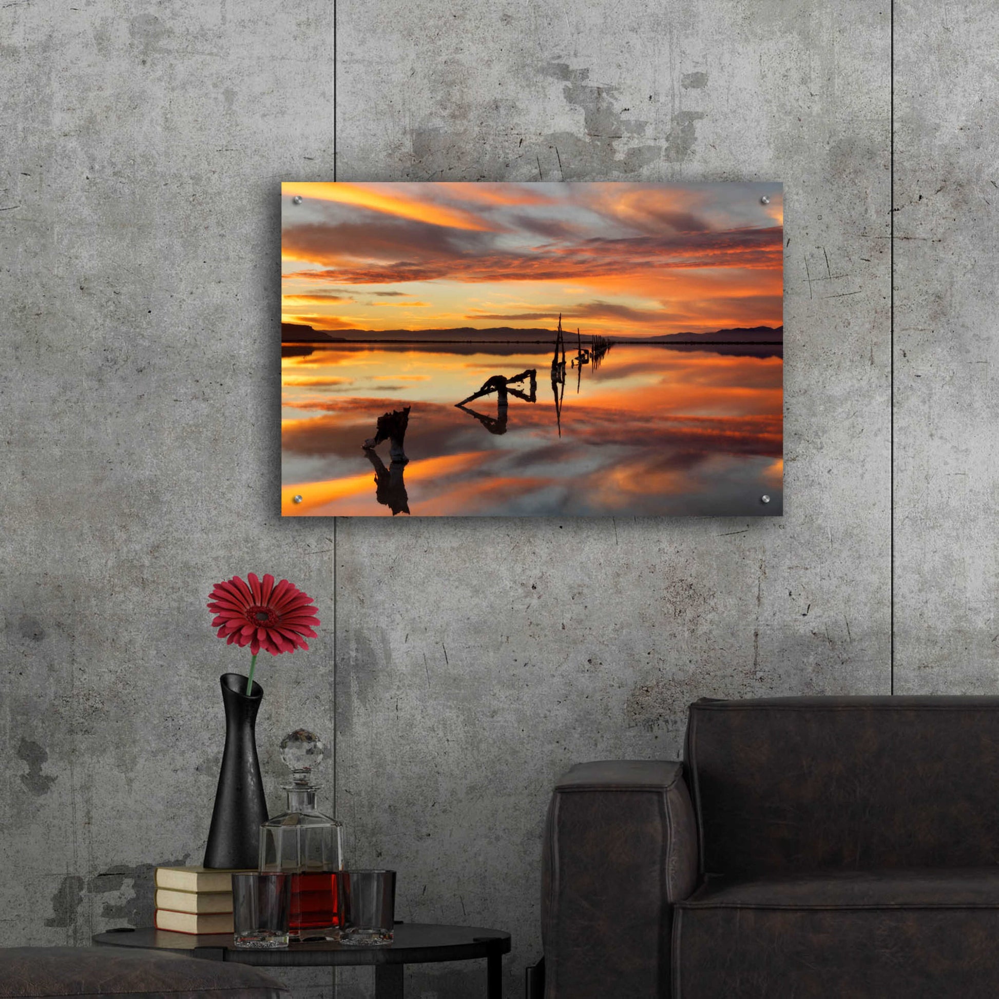 Epic Art 'Great Salt Lake Pilings Sunset' by Mike Jones, Acrylic Glass Wall Art,36x24