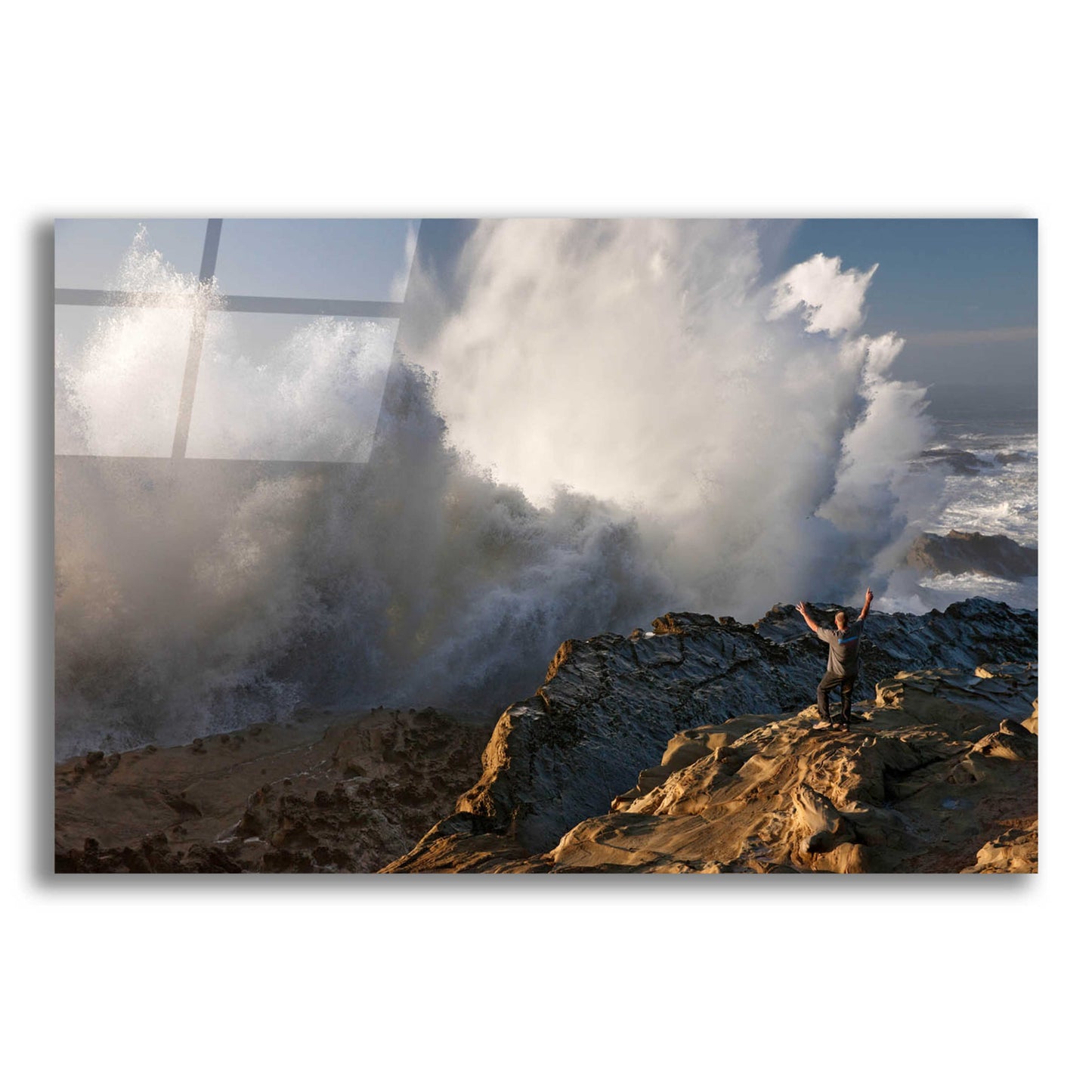 Epic Art 'Oregon Shore Acres Guy Huge Wave ' by Mike Jones, Acrylic Glass Wall Art,16x12