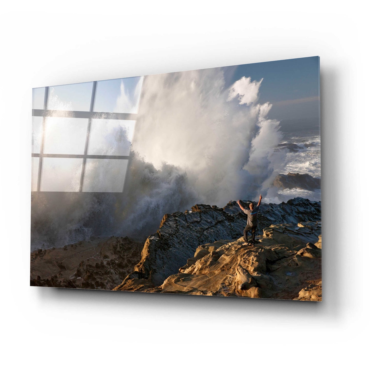 Epic Art 'Oregon Shore Acres Guy Huge Wave ' by Mike Jones, Acrylic Glass Wall Art,24x16