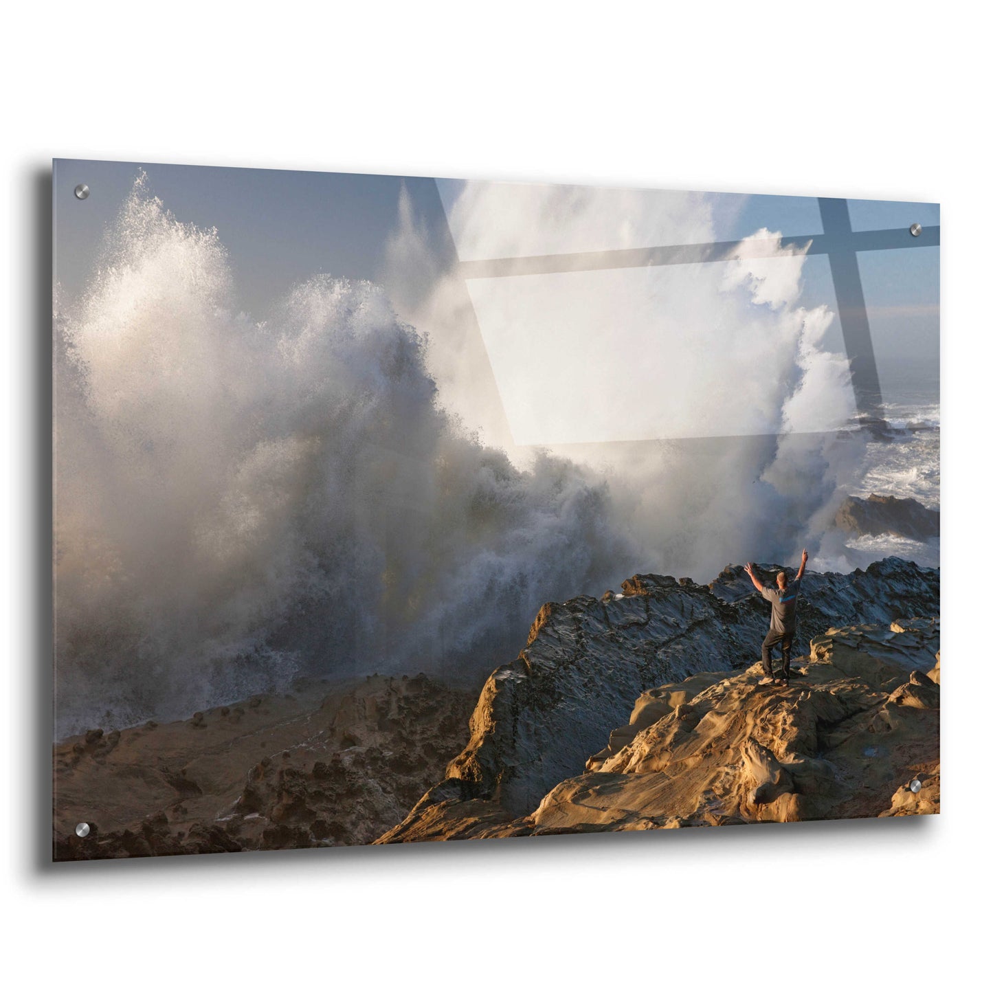 Epic Art 'Oregon Shore Acres Guy Huge Wave ' by Mike Jones, Acrylic Glass Wall Art,36x24