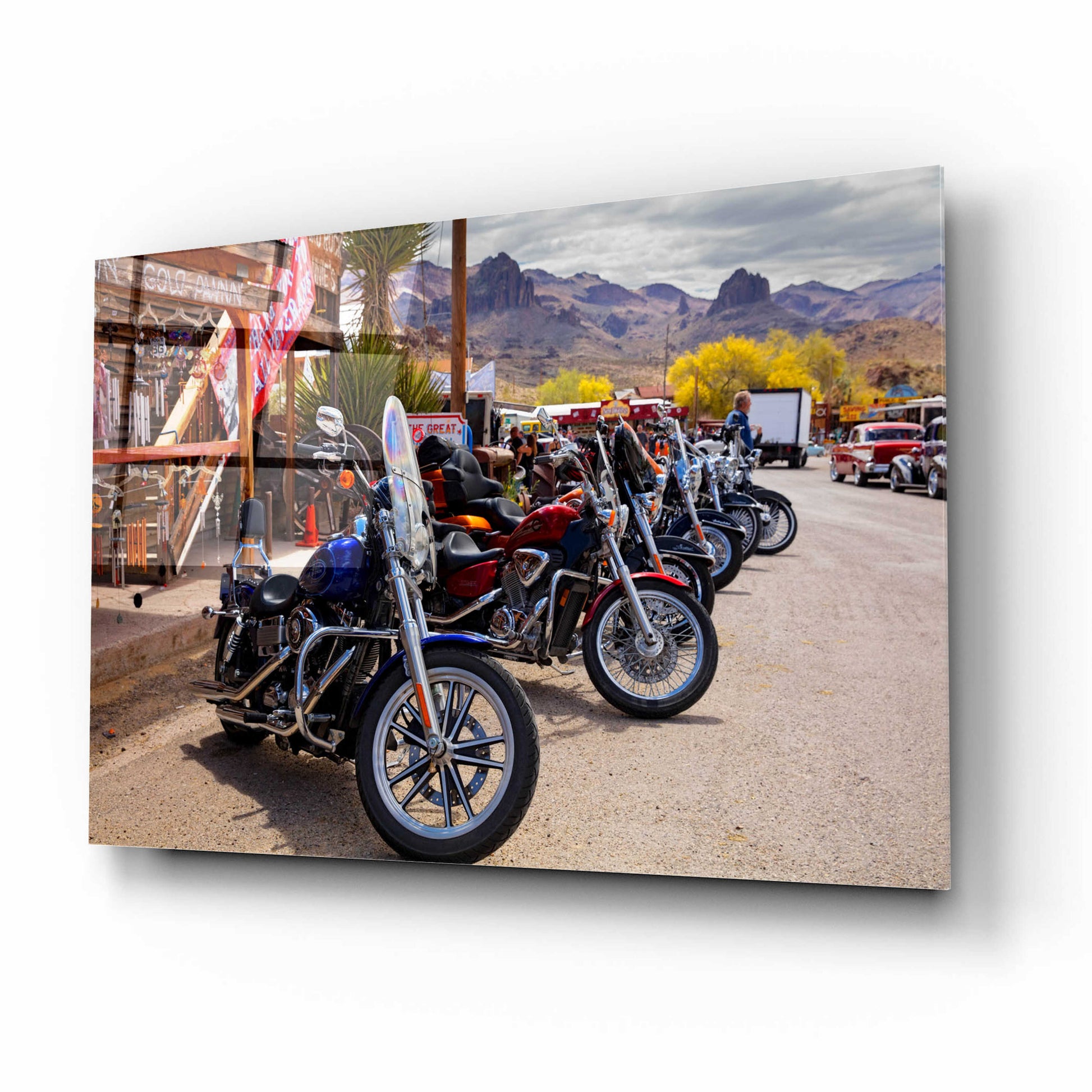 Epic Art 'Route 66 Fun Run Oatman Motorcycles' by Mike Jones, Acrylic Glass Wall Art,16x12