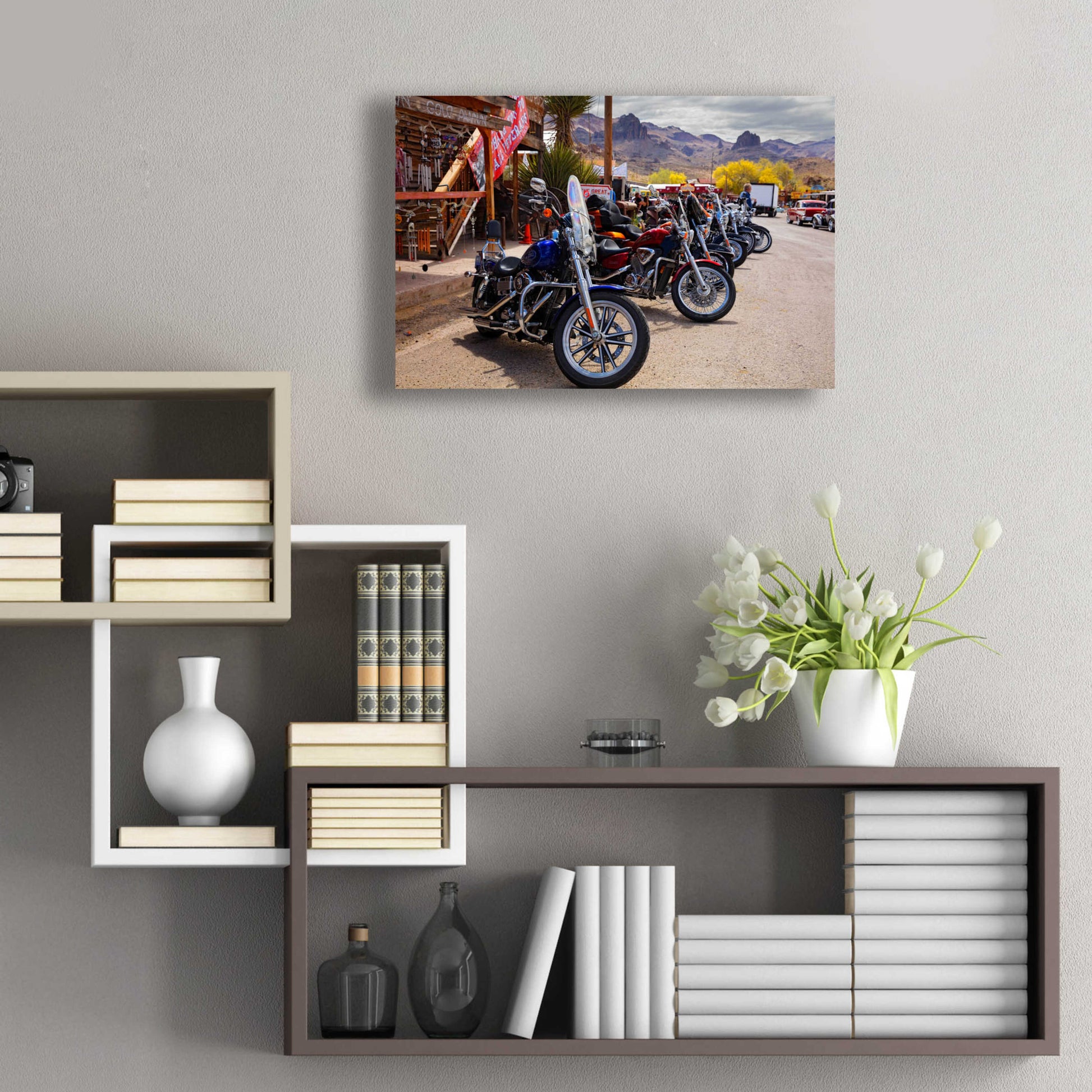 Epic Art 'Route 66 Fun Run Oatman Motorcycles' by Mike Jones, Acrylic Glass Wall Art,24x16