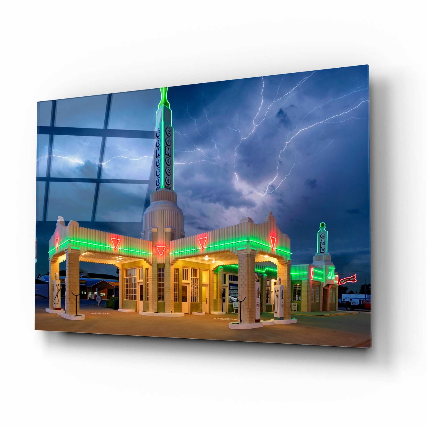 Epic Art 'Route 66 Shamrock Texas Conoco Lightning' by Mike Jones, Acrylic Glass Wall Art,16x12