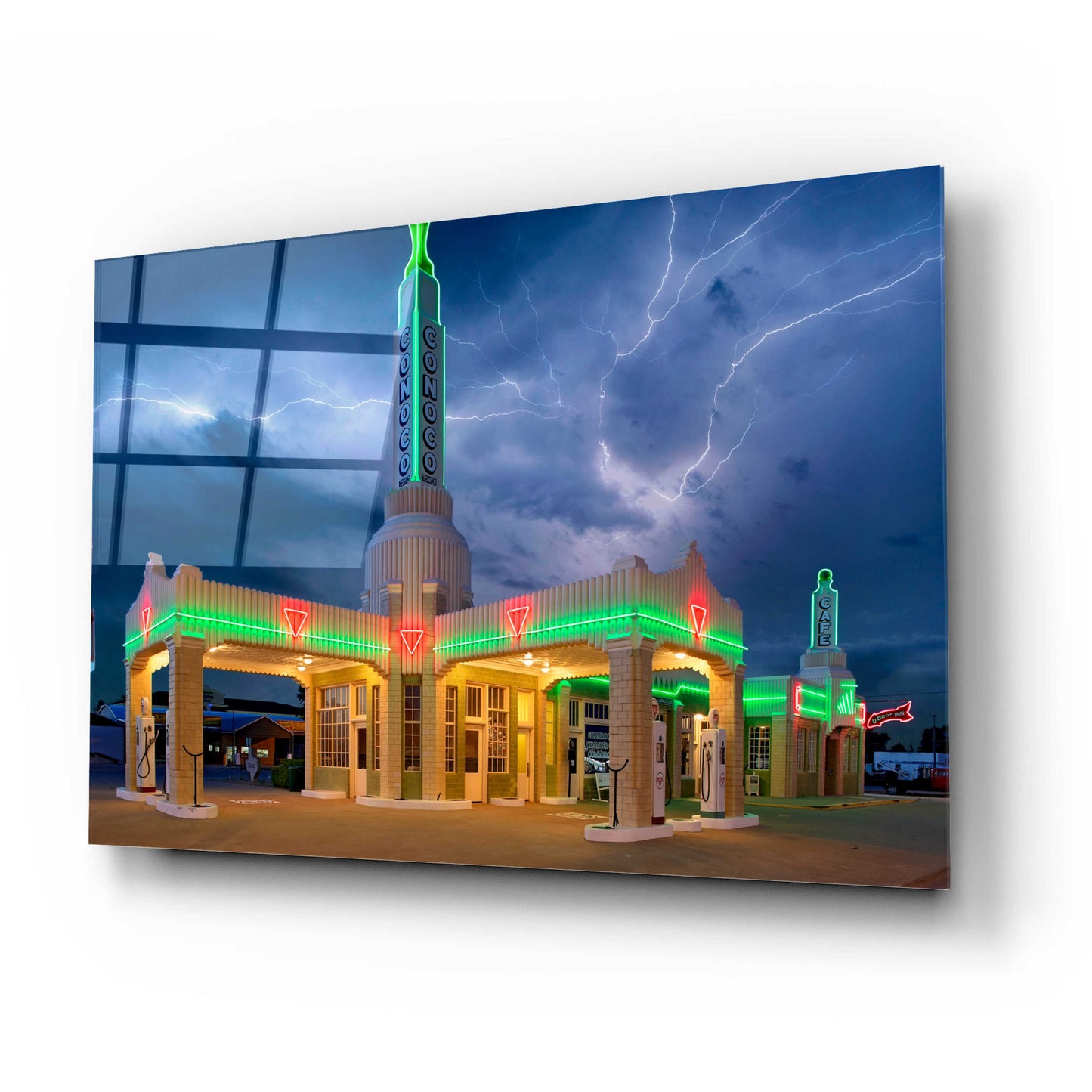 Epic Art 'Route 66 Shamrock Texas Conoco Lightning' by Mike Jones, Acrylic Glass Wall Art,24x16