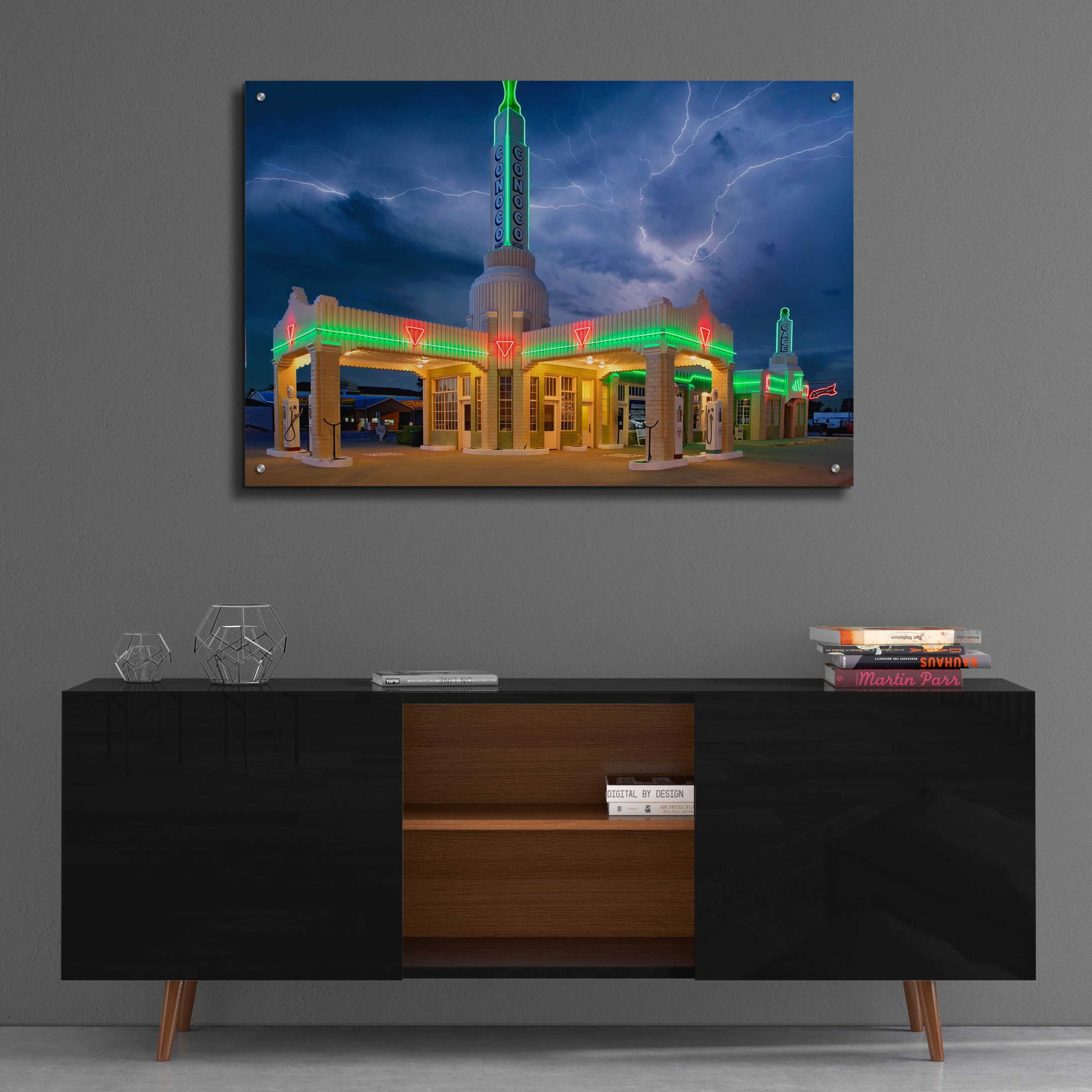 Epic Art 'Route 66 Shamrock Texas Conoco Lightning' by Mike Jones, Acrylic Glass Wall Art,36x24