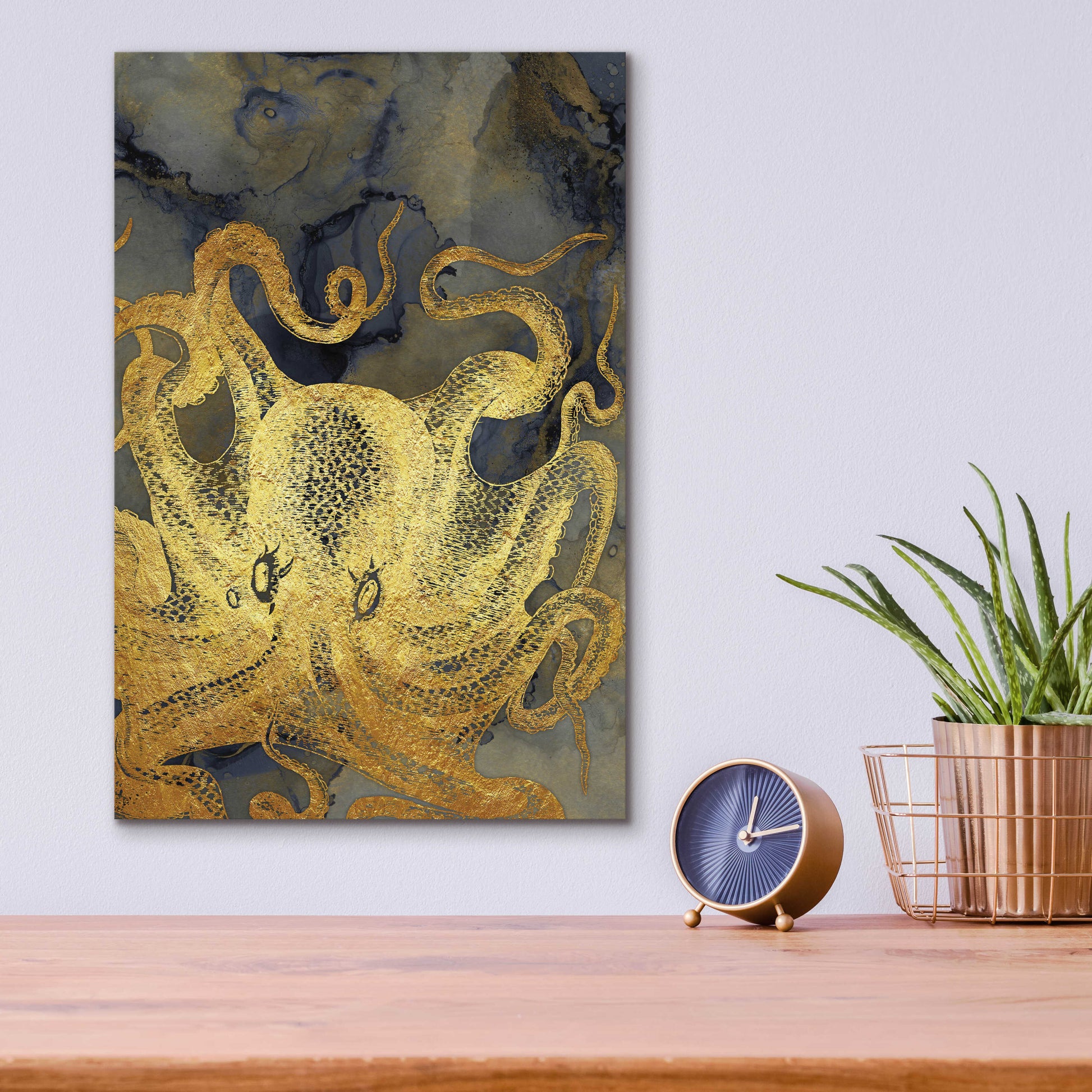 Epic Art 'Octopus Ink Gold & Blue II' by Christine Zalewski, Acrylic Glass Wall Art,12x16