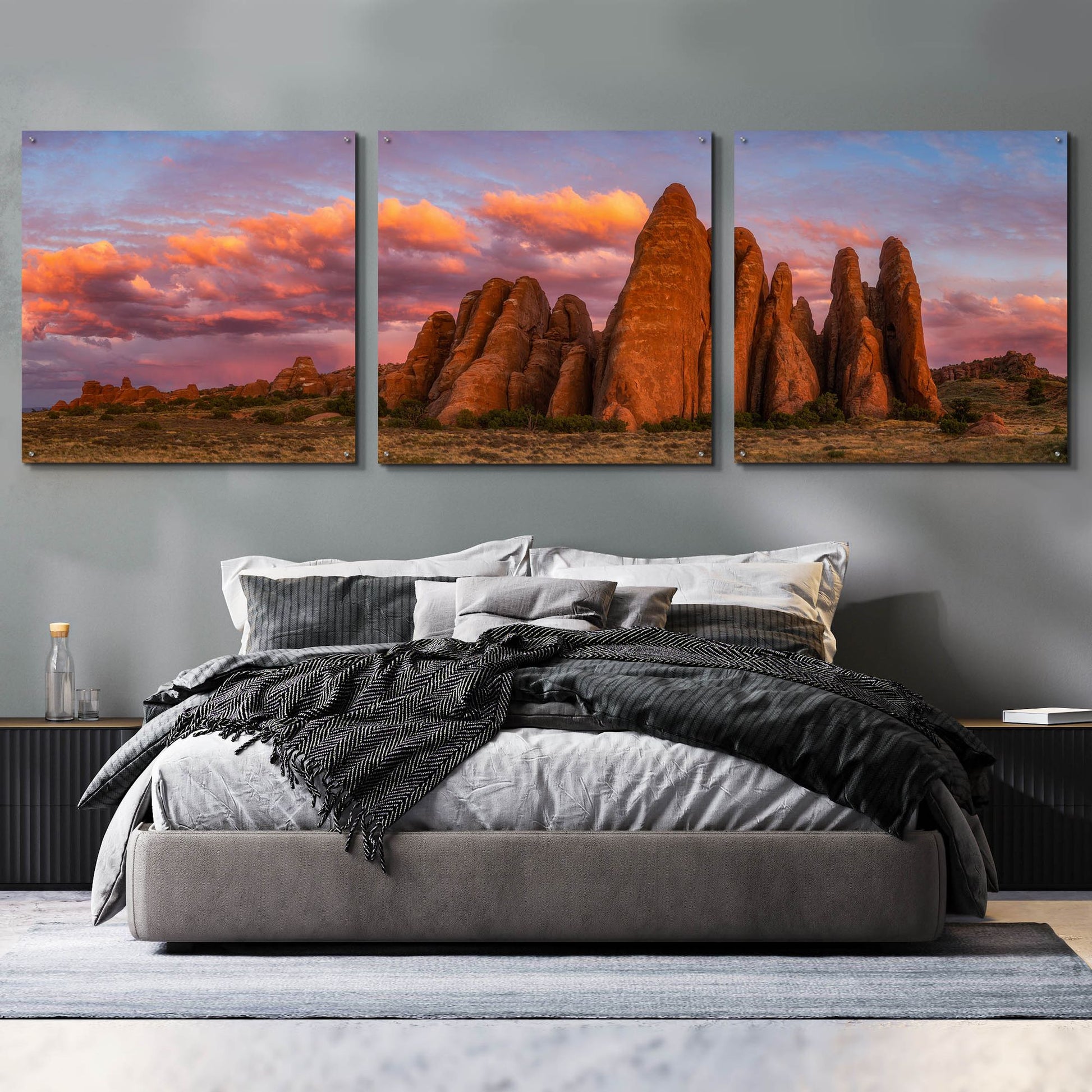 Epic Art 'Sunset at the Fins - Arches National Park' by Darren White, Acrylic Glass Wall Art, 3 Piece Set,108x36