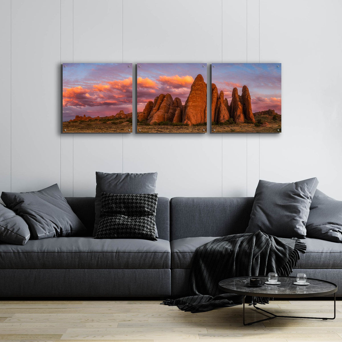 Epic Art 'Sunset at the Fins - Arches National Park' by Darren White, Acrylic Glass Wall Art, 3 Piece Set,72x24
