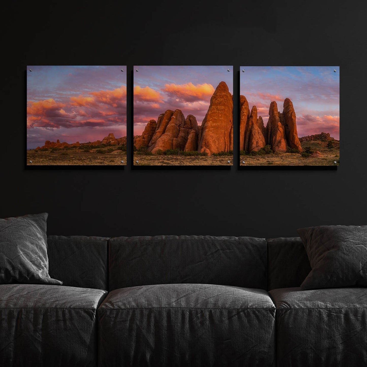 Epic Art 'Sunset at the Fins - Arches National Park' by Darren White, Acrylic Glass Wall Art, 3 Piece Set,72x24