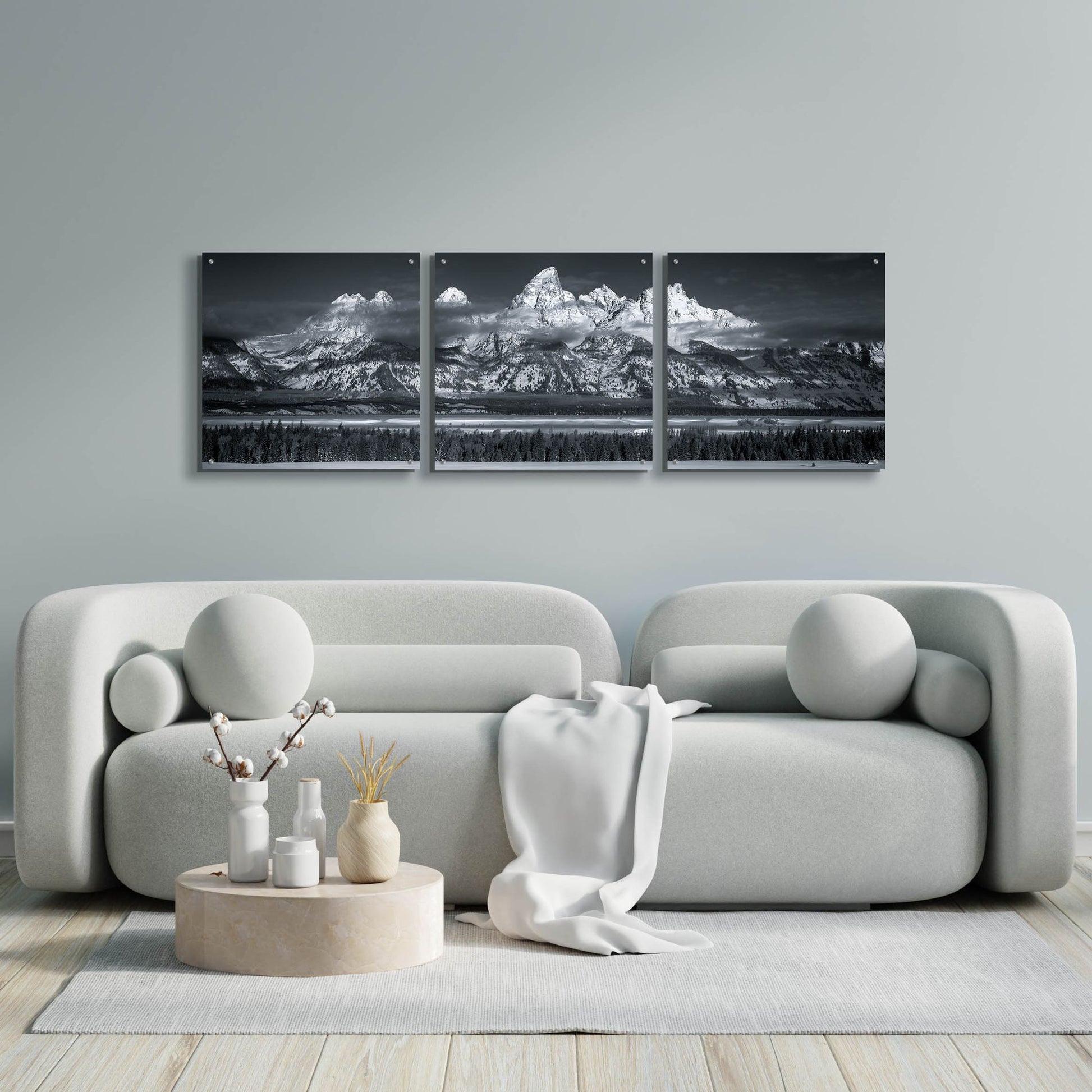 Epic Art 'Teton Pano Above Clouds - Grand Teton National Park' by Darren White, Acrylic Glass Wall Art, 3 Piece Set,72x24
