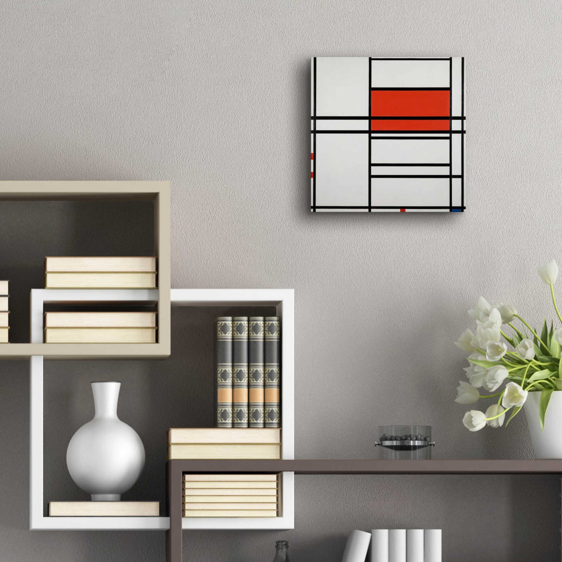 Epic Art 'Composition of Red and White; No. 1, Composition No. 4 with Red and Blue, 1938–42' by Piet Mondrian, Acrylic Glass Wall Art,12x12