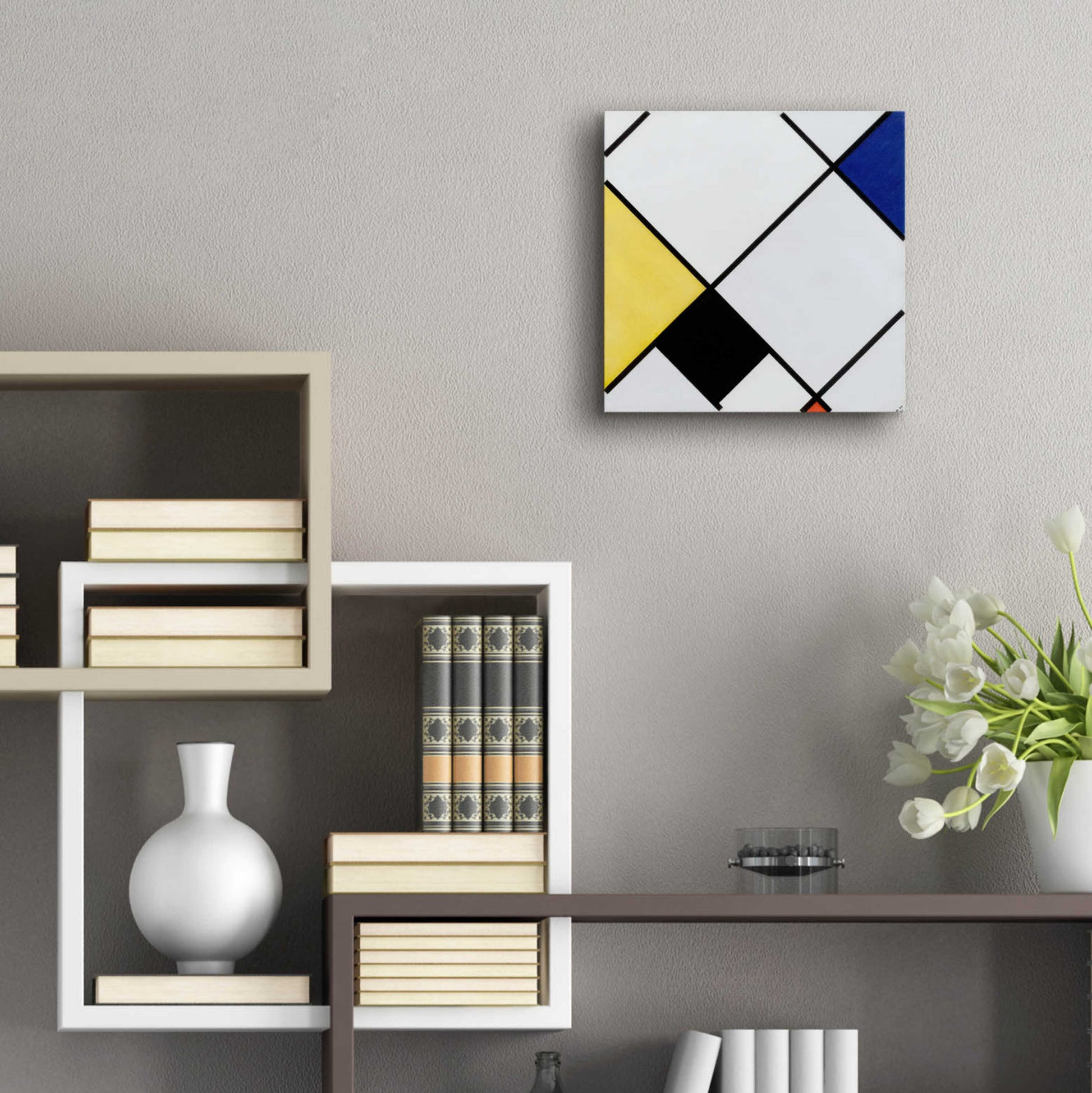 Epic Art 'Lozenge Composition with Yellow, Black, Blue, Red, and Gray, 1921' by Piet Mondrian, Acrylic Glass Wall Art,12x12