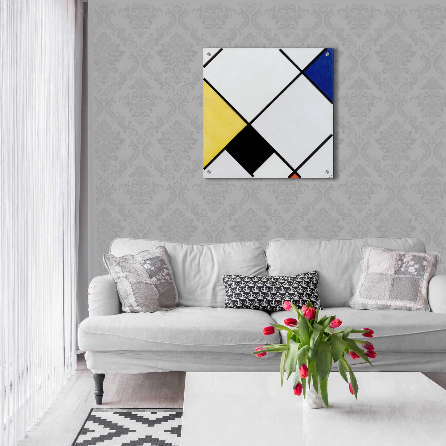 Epic Art 'Lozenge Composition with Yellow, Black, Blue, Red, and Gray, 1921' by Piet Mondrian, Acrylic Glass Wall Art,24x24