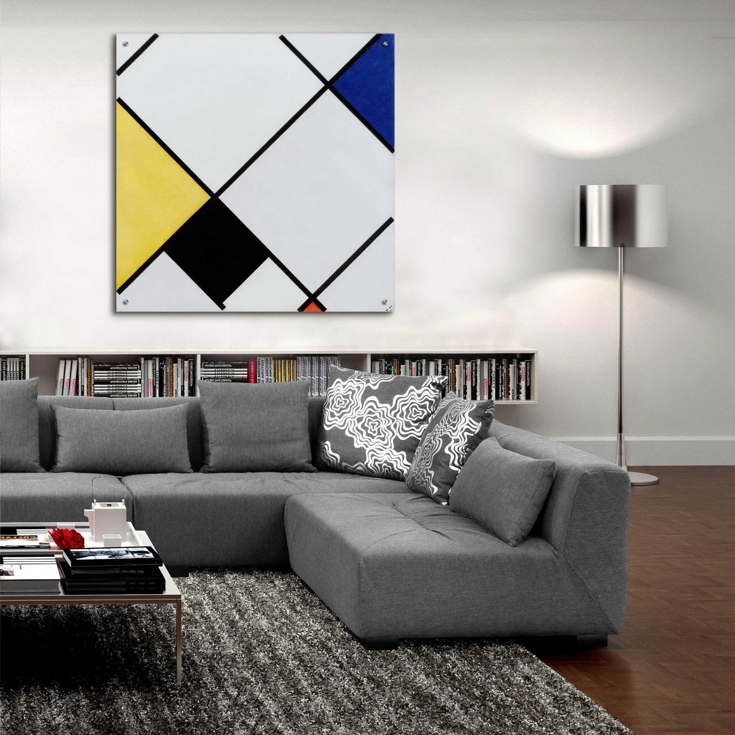 Epic Art 'Lozenge Composition with Yellow, Black, Blue, Red, and Gray, 1921' by Piet Mondrian, Acrylic Glass Wall Art,36x36