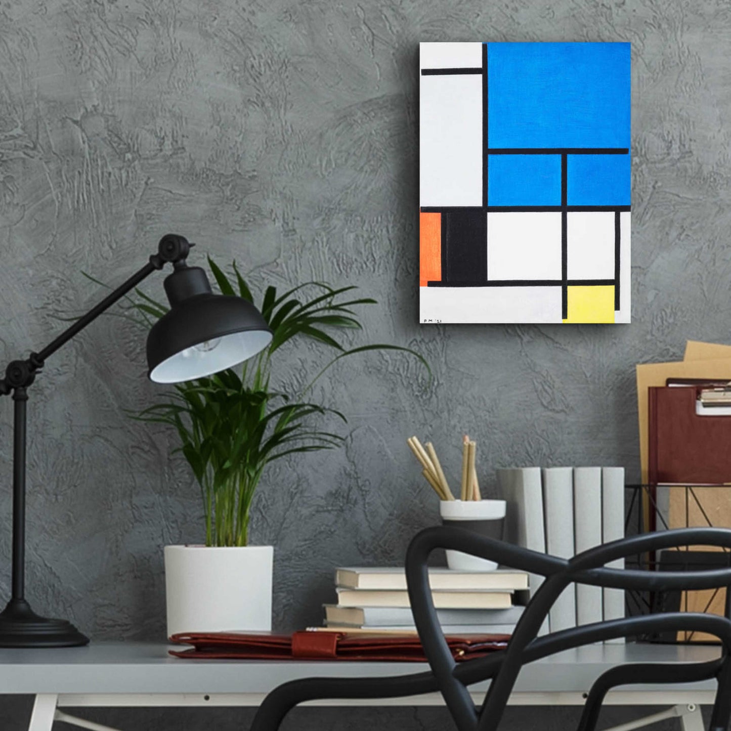 Epic Art 'Composition with Large Blue Plane, Red, Black, Yellow, and Gray 1984' by Piet Mondrian, Acrylic Glass Wall Art,12x16