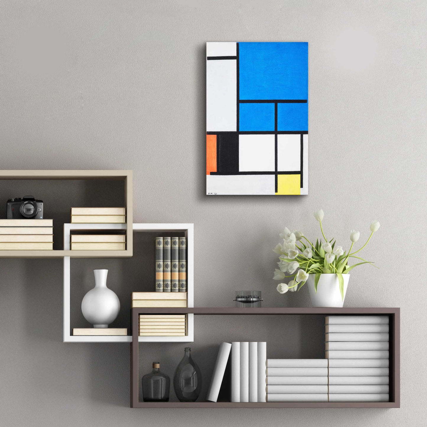 Epic Art 'Composition with Large Blue Plane, Red, Black, Yellow, and Gray 1984' by Piet Mondrian, Acrylic Glass Wall Art,16x24