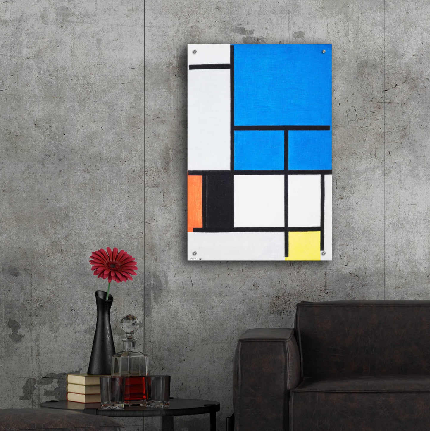 Epic Art 'Composition with Large Blue Plane, Red, Black, Yellow, and Gray 1984' by Piet Mondrian, Acrylic Glass Wall Art,24x36