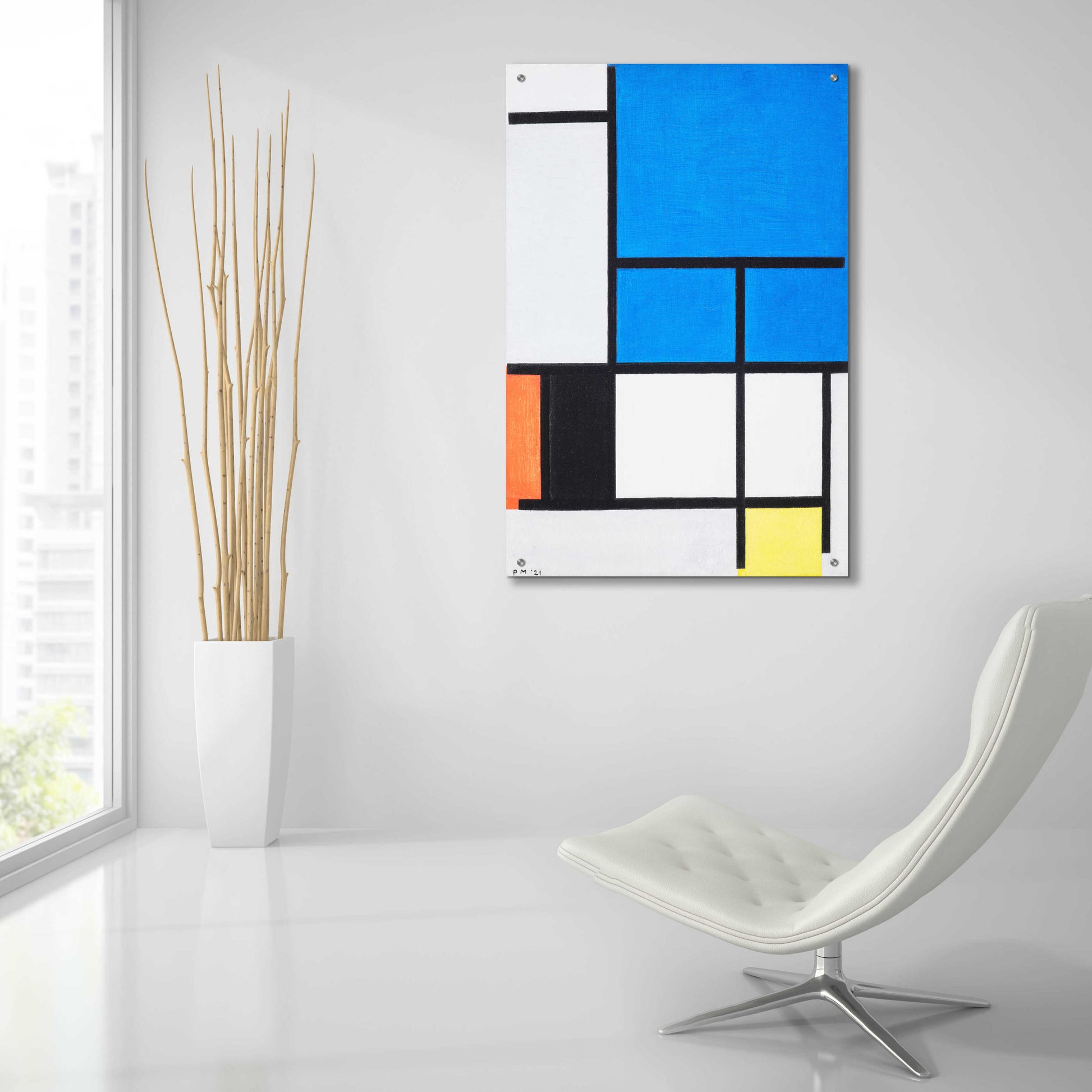 Epic Art 'Composition with Large Blue Plane, Red, Black, Yellow, and Gray 1984' by Piet Mondrian, Acrylic Glass Wall Art,24x36