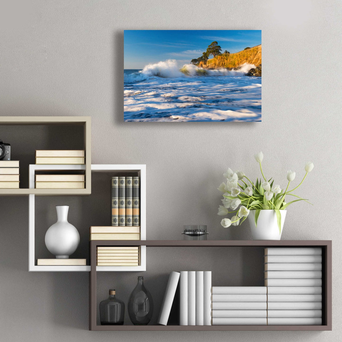 Epic Art 'Capitola Cliffs & Waves' by John Gavrilis, Acrylic Glass Wall Art,24x16