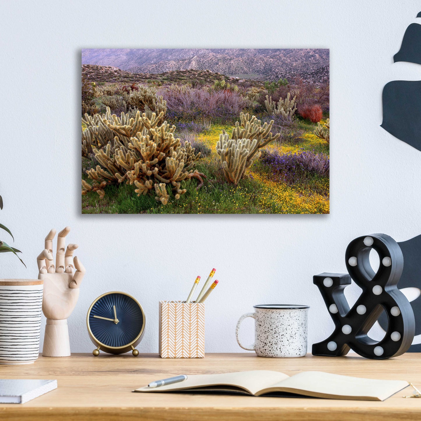 Epic Art 'Desert Cactus and Wildflowers' by John Gavrilis, Acrylic Glass Wall Art,16x12