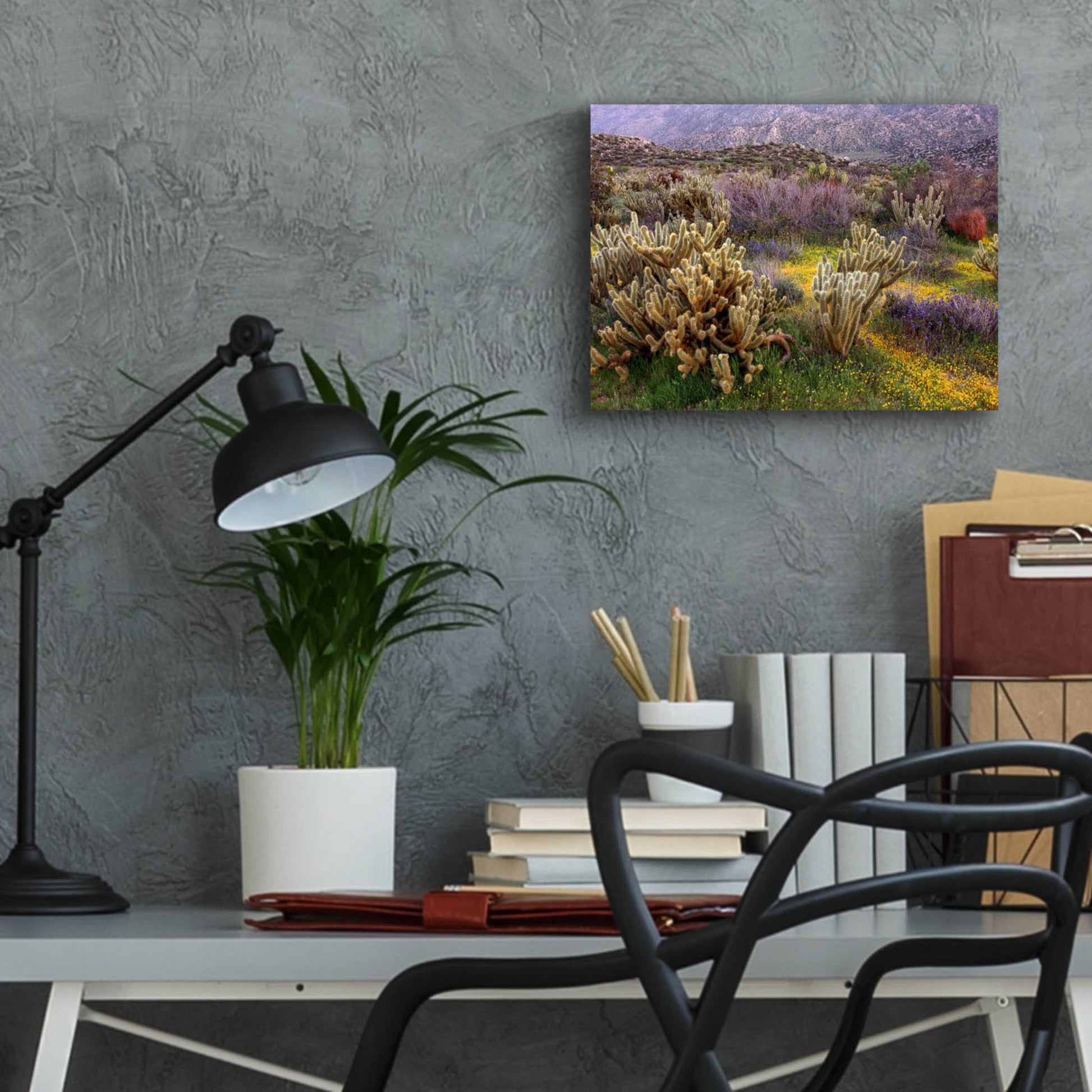 Epic Art 'Desert Cactus and Wildflowers' by John Gavrilis, Acrylic Glass Wall Art,16x12