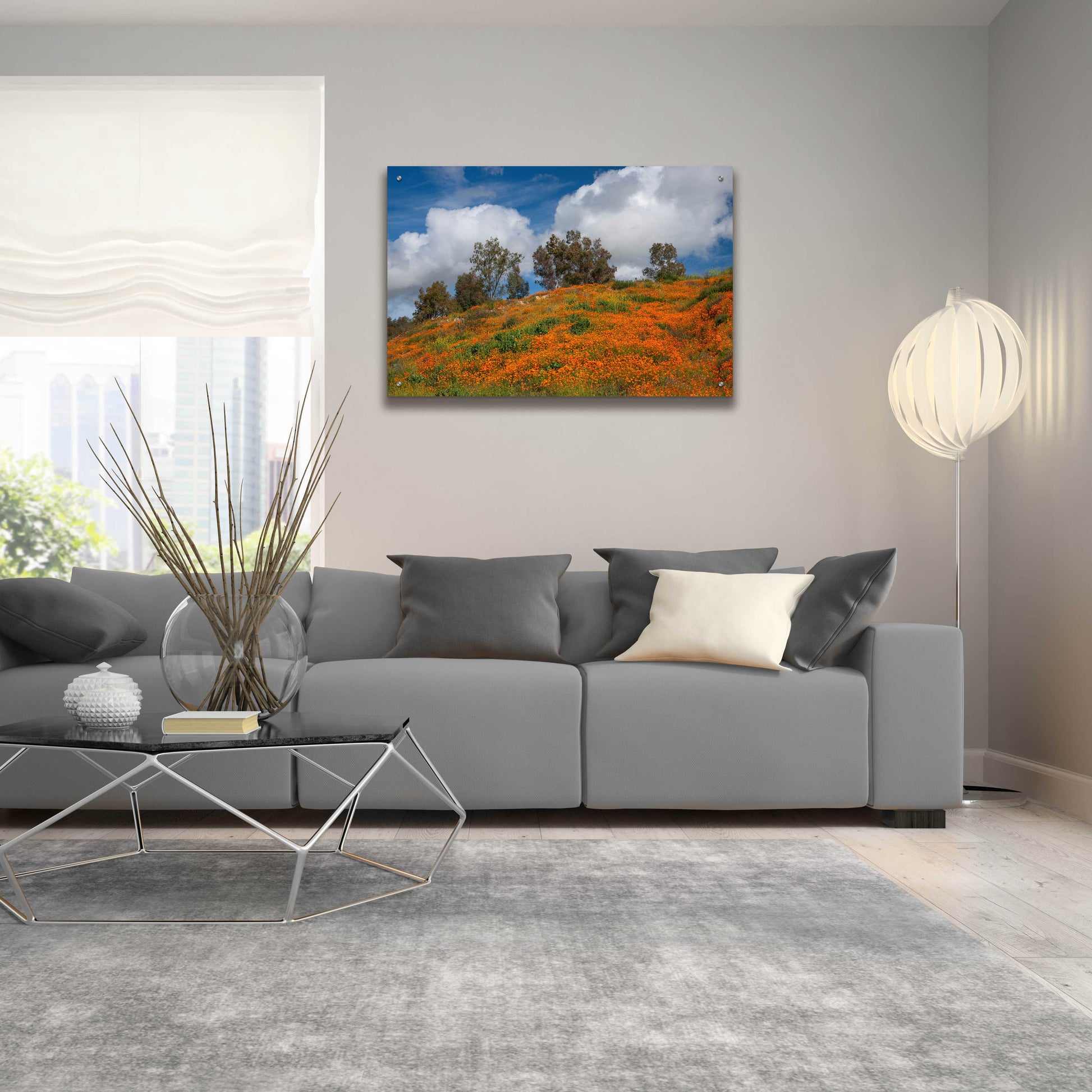 Epic Art 'Poppies, Trees & Clouds' by John Gavrilis, Acrylic Glass Wall Art,36x24