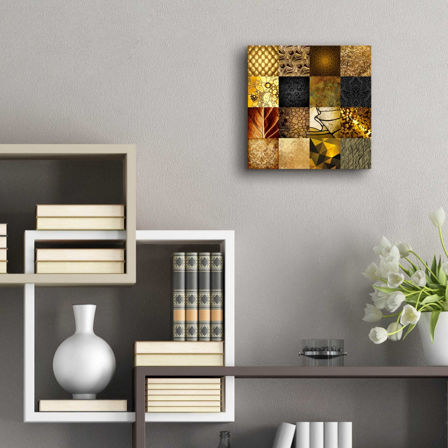 Epic Art 'Tiles Decor Gold' by GraphINC, Acrylic Glass Wall Art,12x12