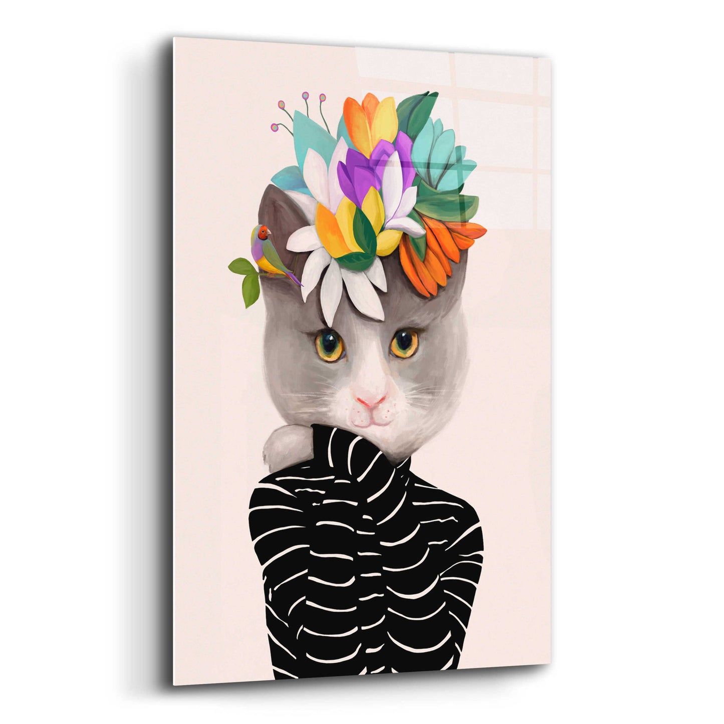 Epic Art 'Cat With Flowers and Finch' by Ioana Horvat, Acrylic Glass Wall Art,12x16