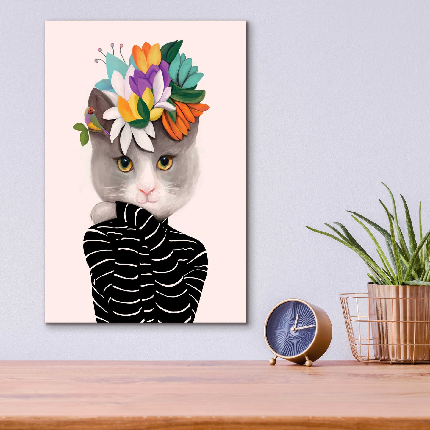 Epic Art 'Cat With Flowers and Finch' by Ioana Horvat, Acrylic Glass Wall Art,12x16