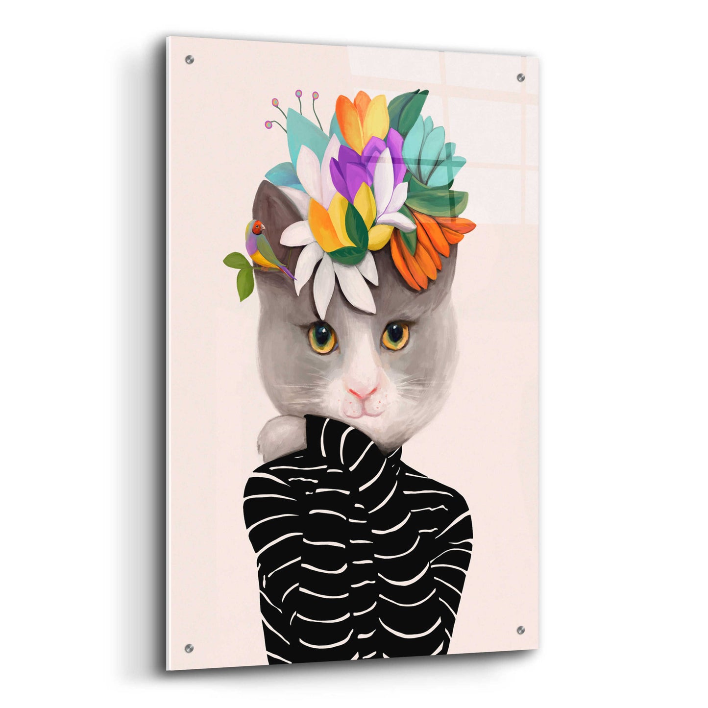 Epic Art 'Cat With Flowers and Finch' by Ioana Horvat, Acrylic Glass Wall Art,24x36