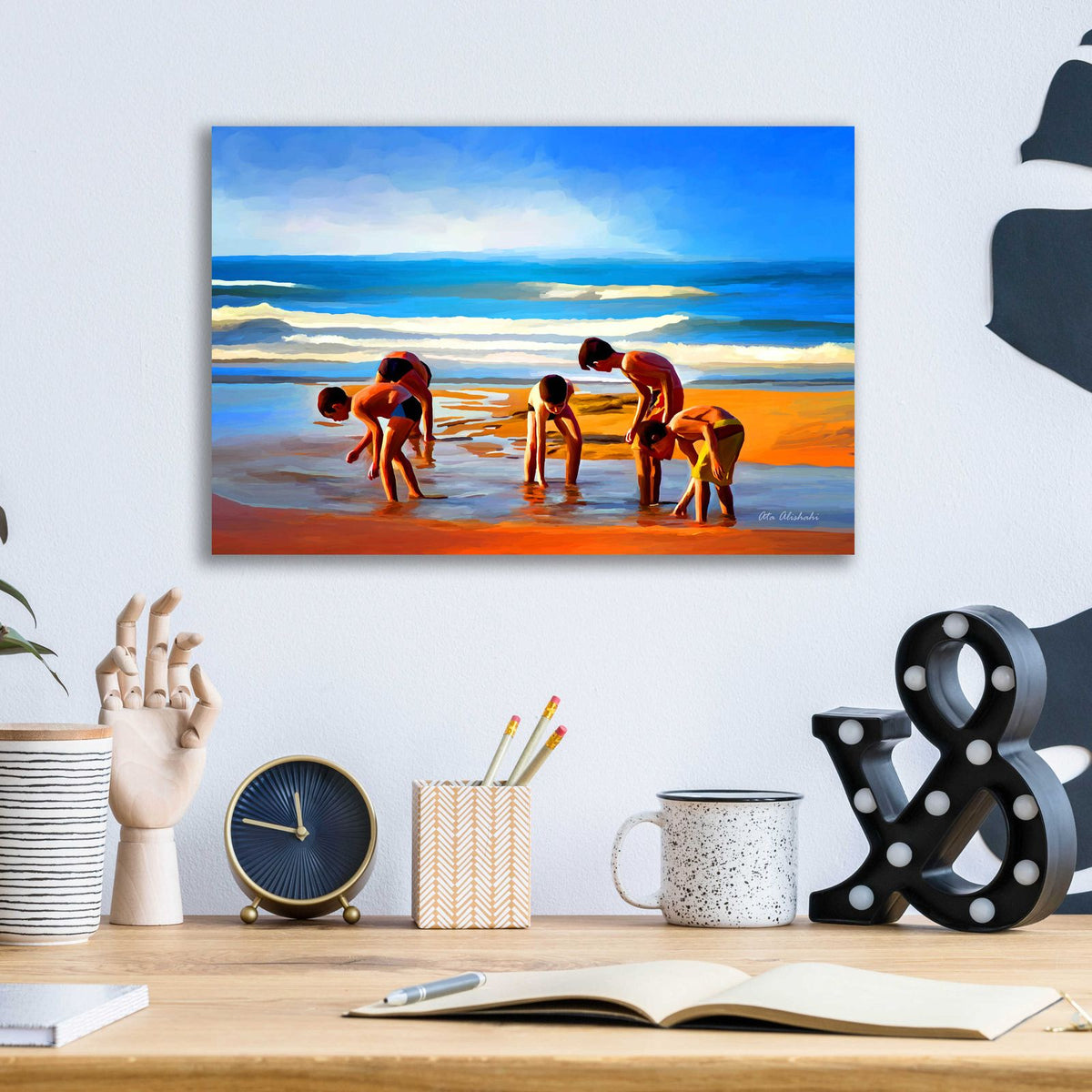  Kids At The Beach  by Ata Alishahi - 16x12 acrylic wall art in a room