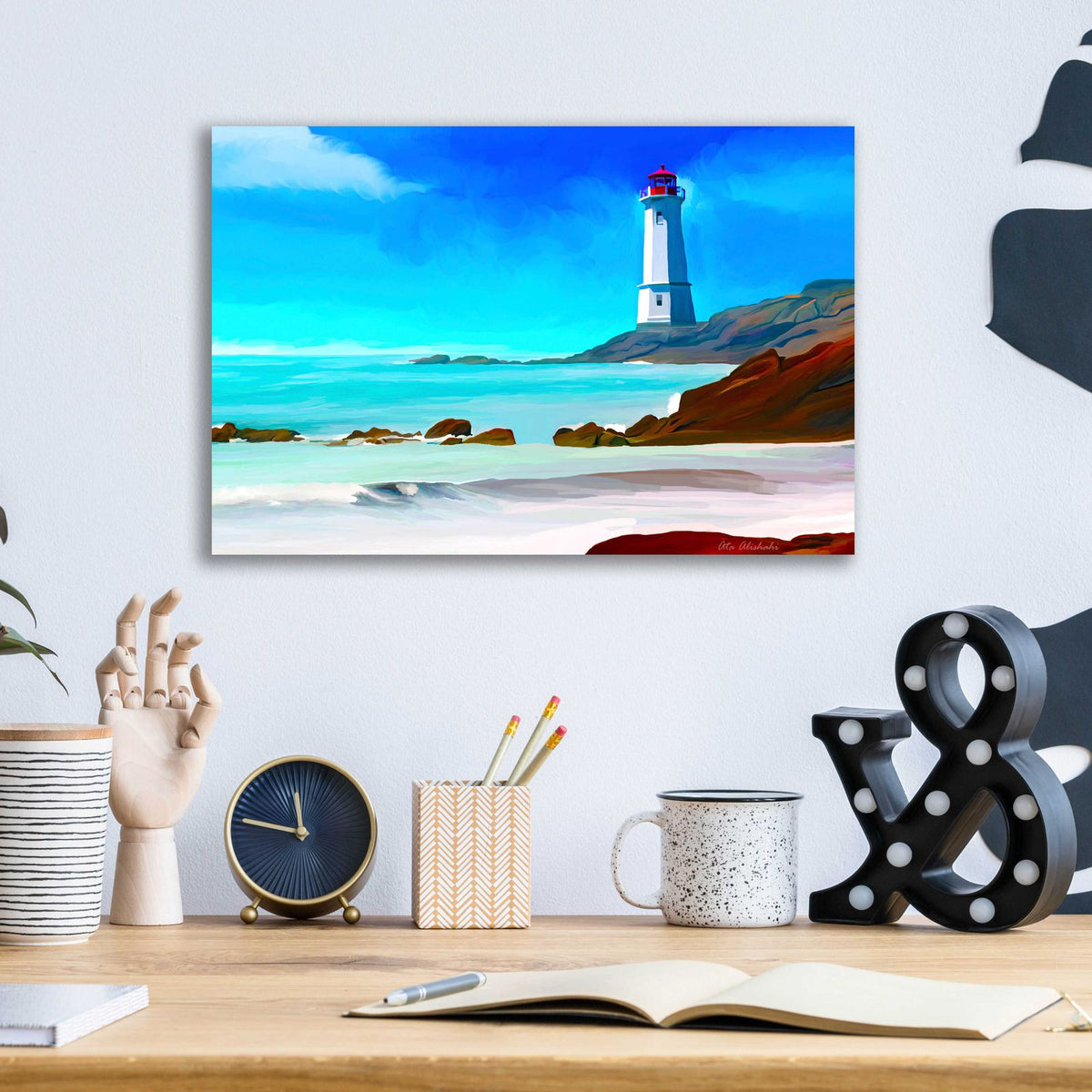 White Lighthouse by Ata Alishahi - 16x12 acrylic wall art in a room
