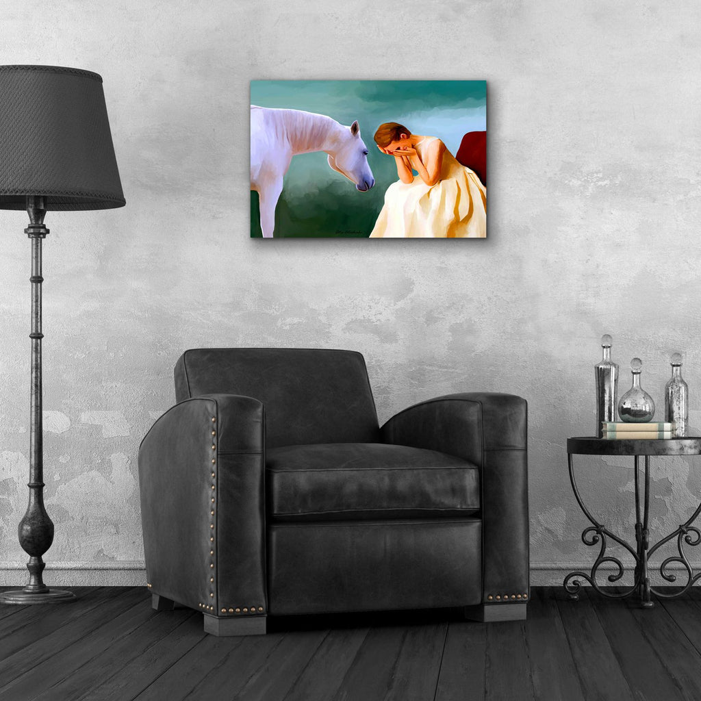 Sad Girl And Horse by Ata Alishahi - 24x16 acrylic wall art in a room