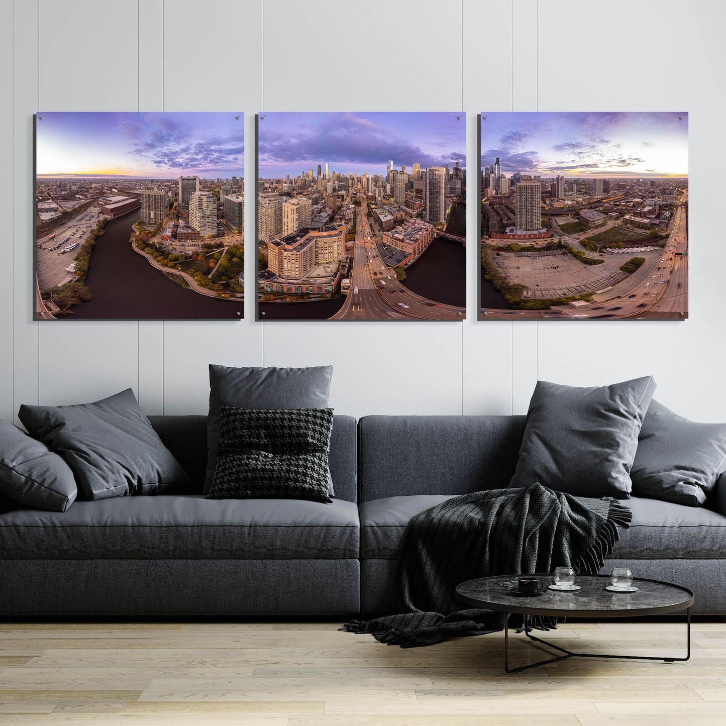 Epic Art 'Lavender Chicago' by Epic Portfolio, Acrylic Glass Wall Art, 3 Piece Set,108x36