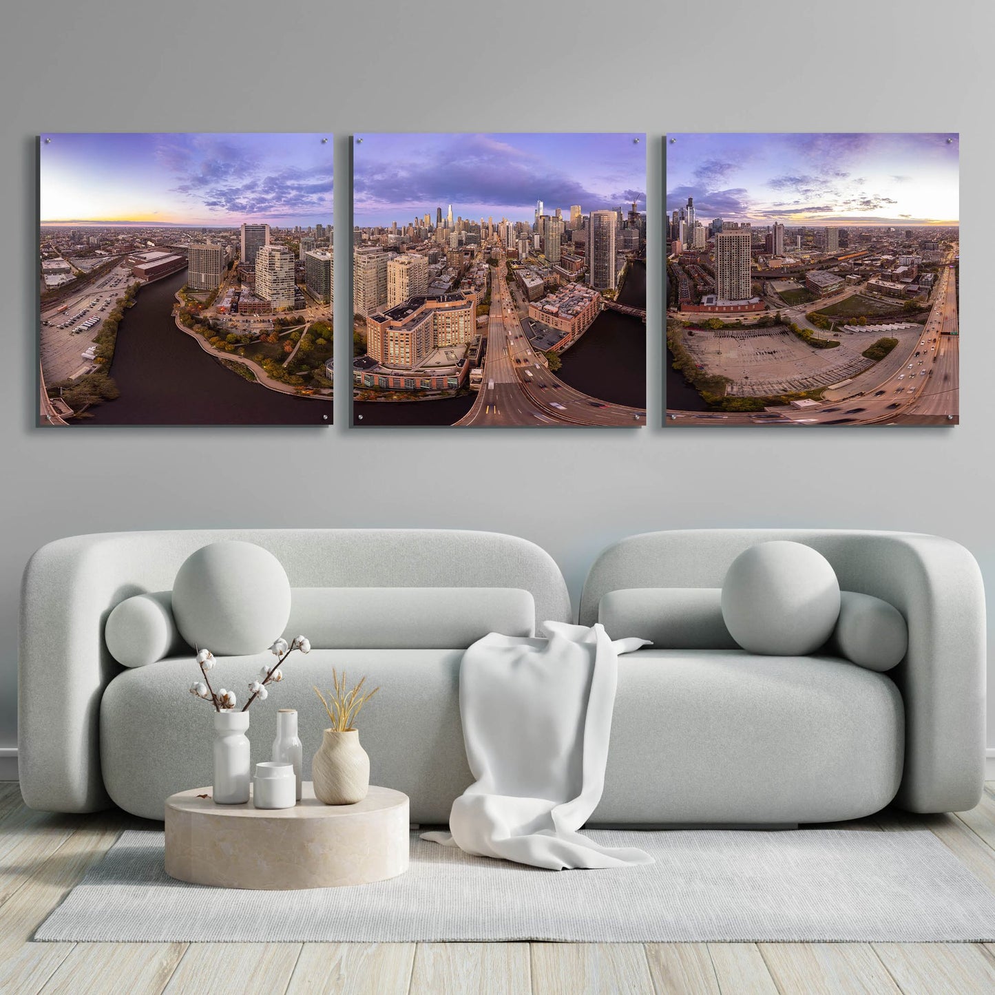 Epic Art 'Lavender Chicago' by Epic Portfolio, Acrylic Glass Wall Art, 3 Piece Set,108x36