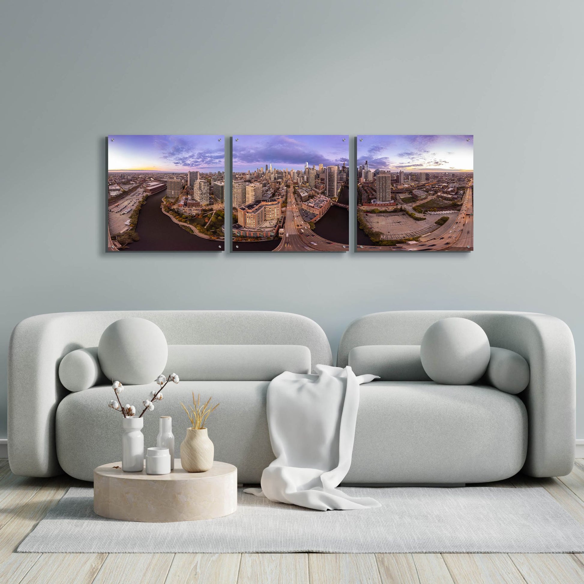 Epic Art 'Lavender Chicago' by Epic Portfolio, Acrylic Glass Wall Art, 3 Piece Set,72x24