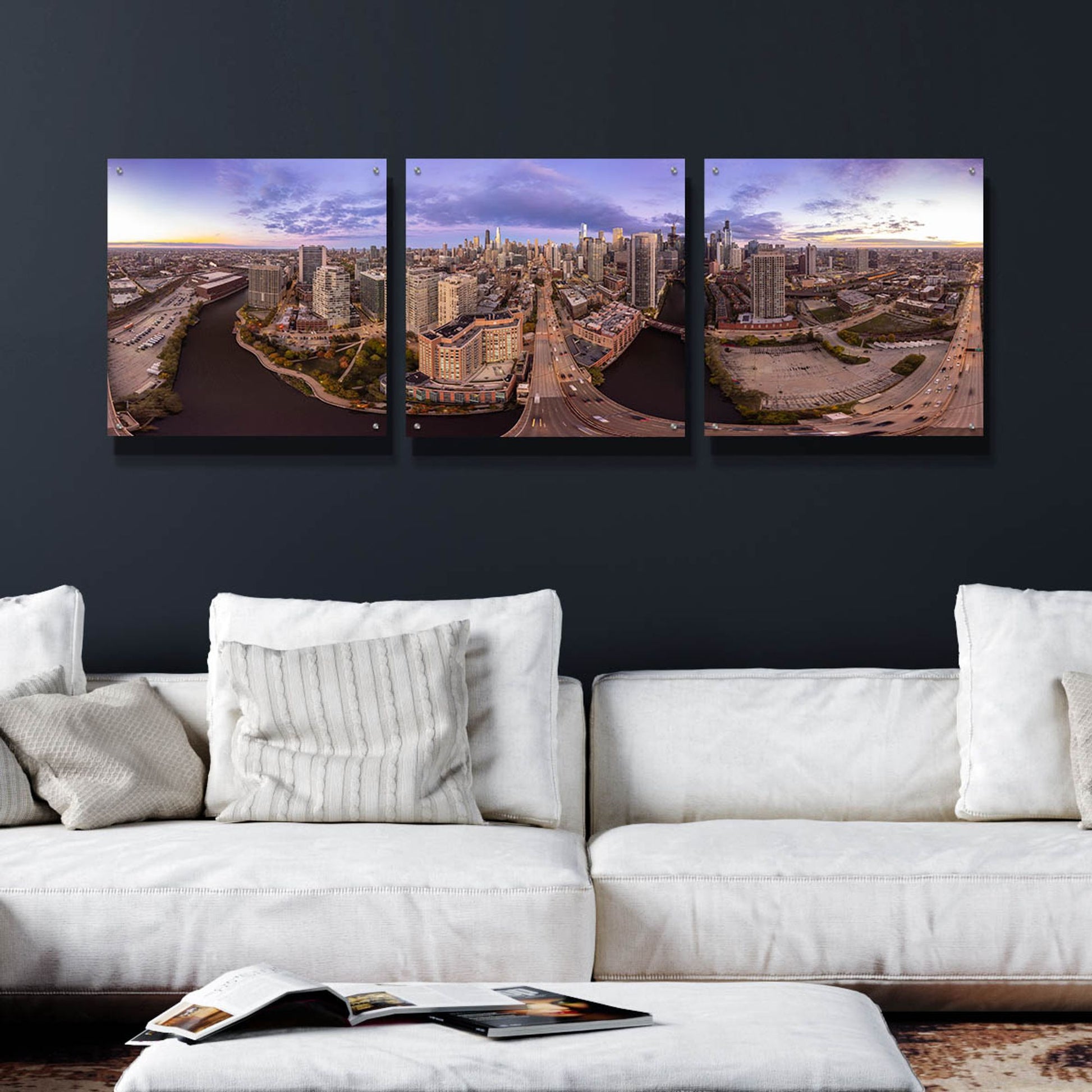 Epic Art 'Lavender Chicago' by Epic Portfolio, Acrylic Glass Wall Art, 3 Piece Set,72x24