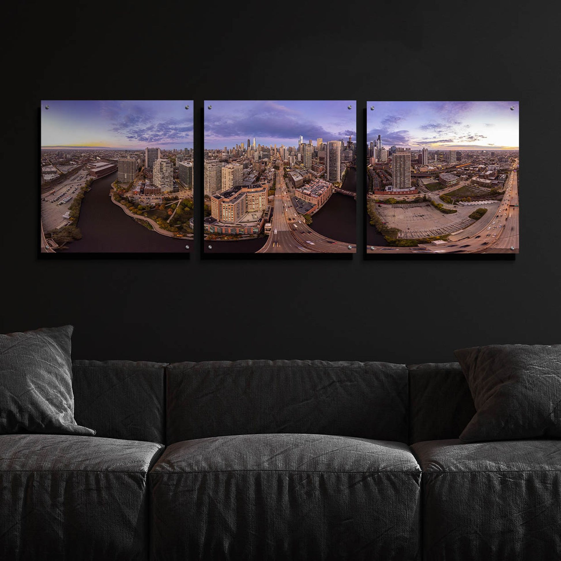 Epic Art 'Lavender Chicago' by Epic Portfolio, Acrylic Glass Wall Art, 3 Piece Set,72x24