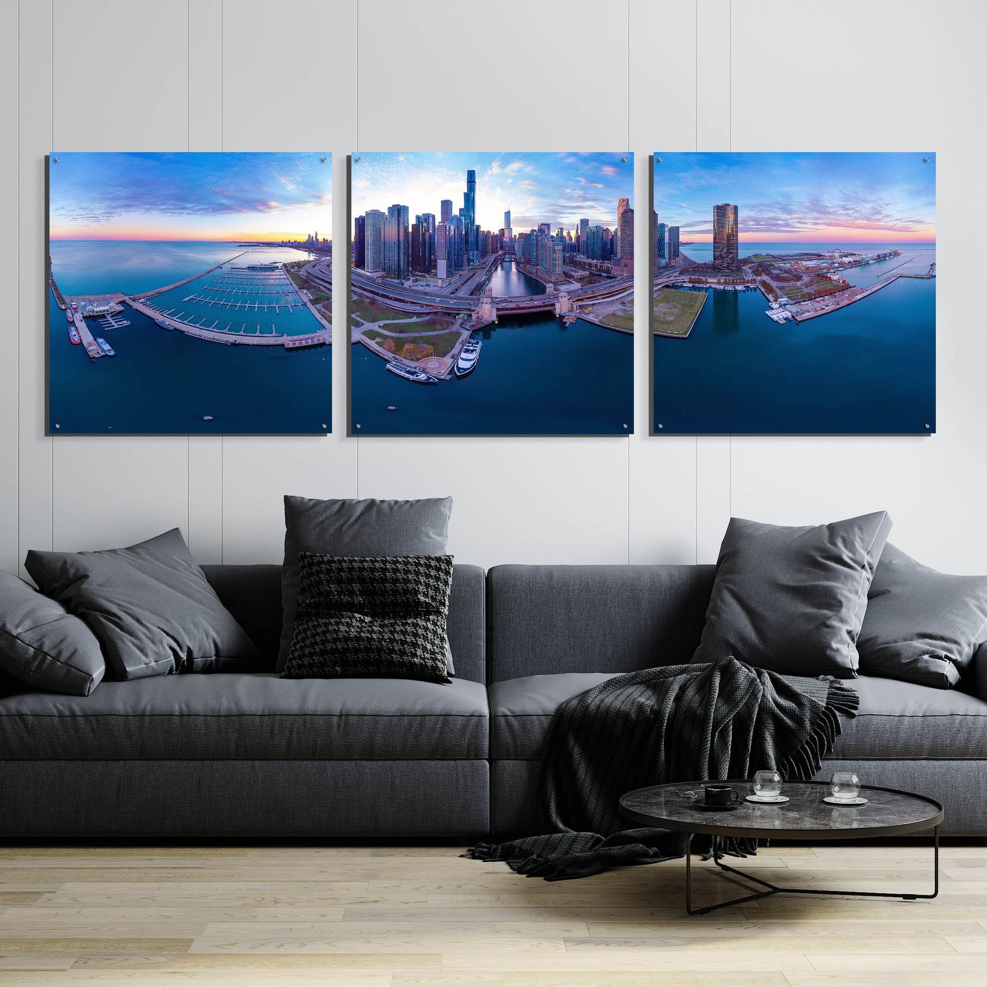 Epic Art 'Cotton Candy Sunset in Chicago' by Epic Portfolio, Acrylic Glass Wall Art, 3 Piece Set,108x36