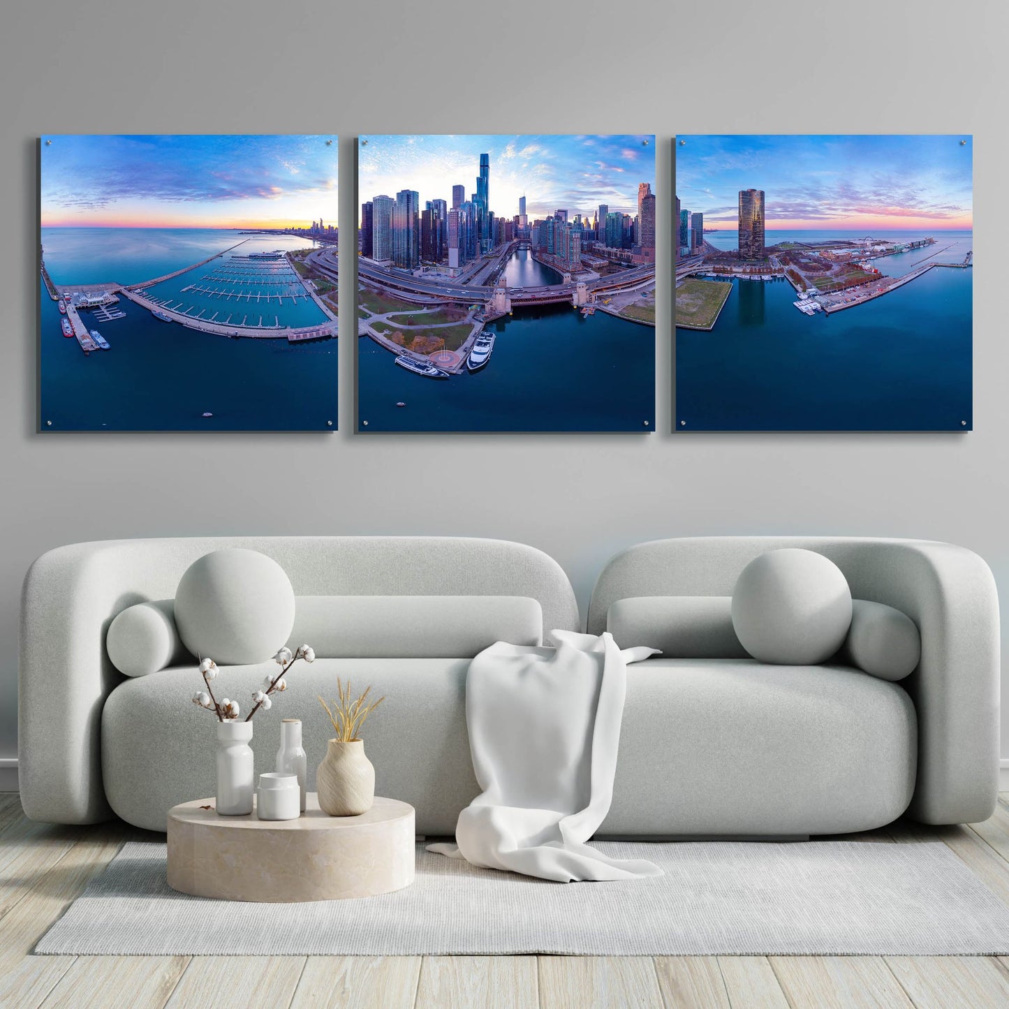 Epic Art 'Cotton Candy Sunset in Chicago' by Epic Portfolio, Acrylic Glass Wall Art, 3 Piece Set,108x36