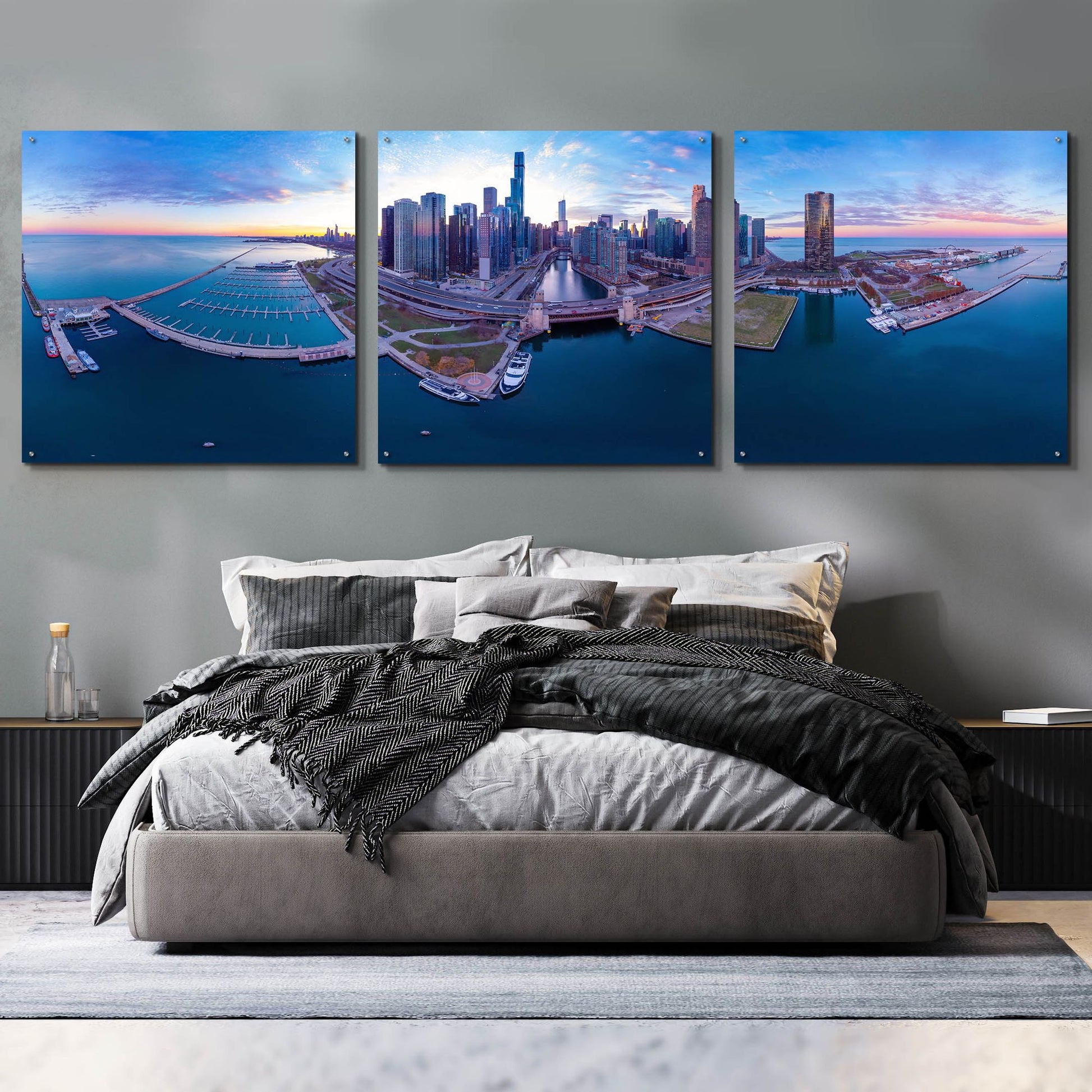 Epic Art 'Cotton Candy Sunset in Chicago' by Epic Portfolio, Acrylic Glass Wall Art, 3 Piece Set,108x36