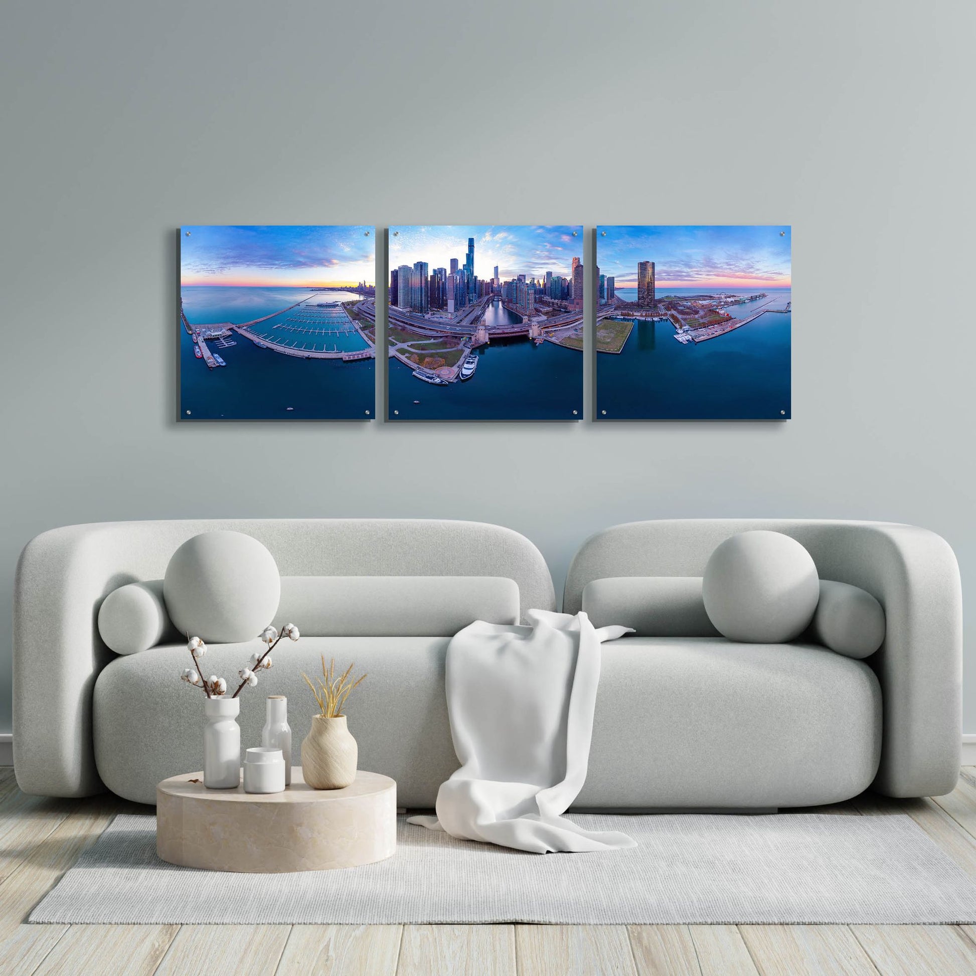 Epic Art 'Cotton Candy Sunset in Chicago' by Epic Portfolio, Acrylic Glass Wall Art, 3 Piece Set,72x24