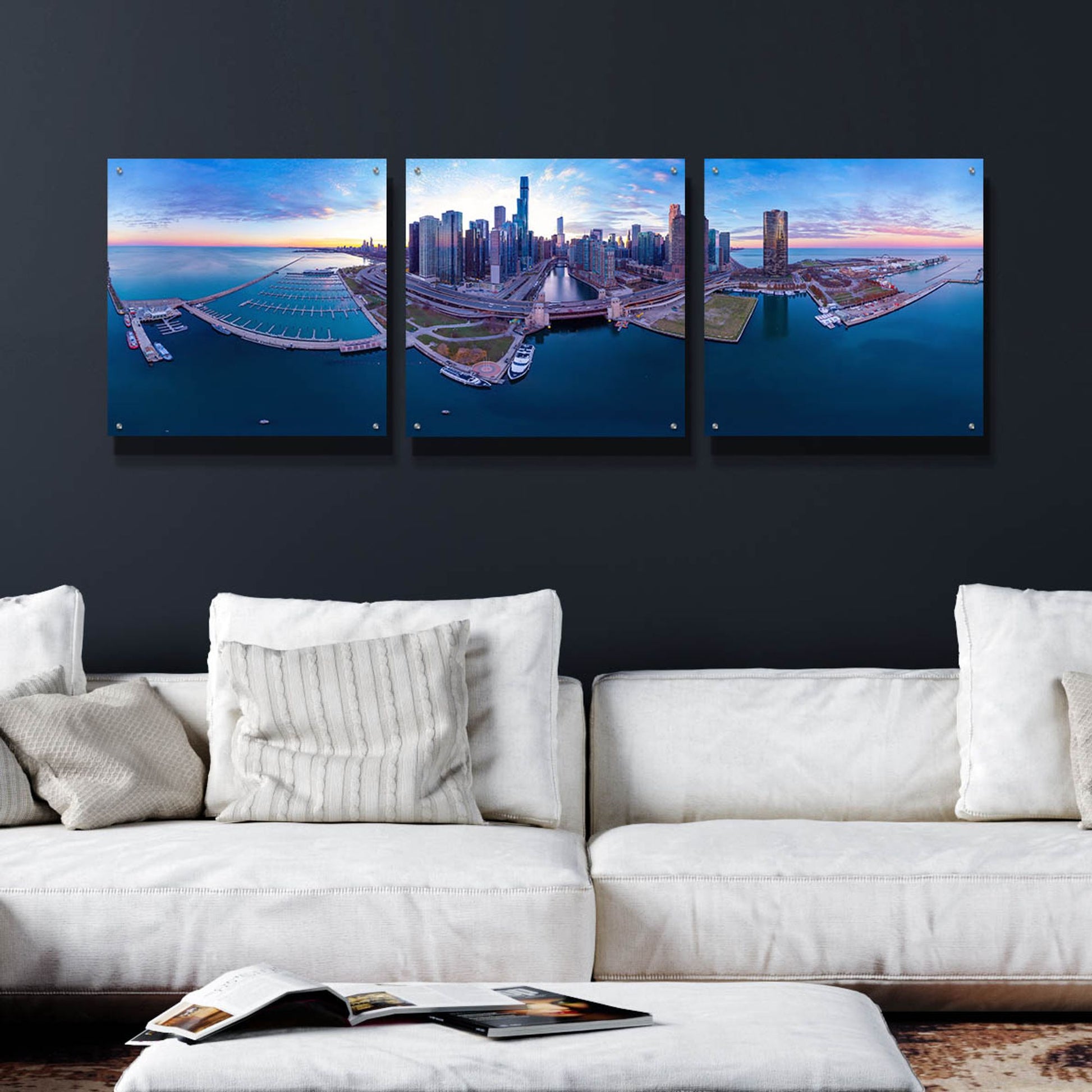 Epic Art 'Cotton Candy Sunset in Chicago' by Epic Portfolio, Acrylic Glass Wall Art, 3 Piece Set,72x24