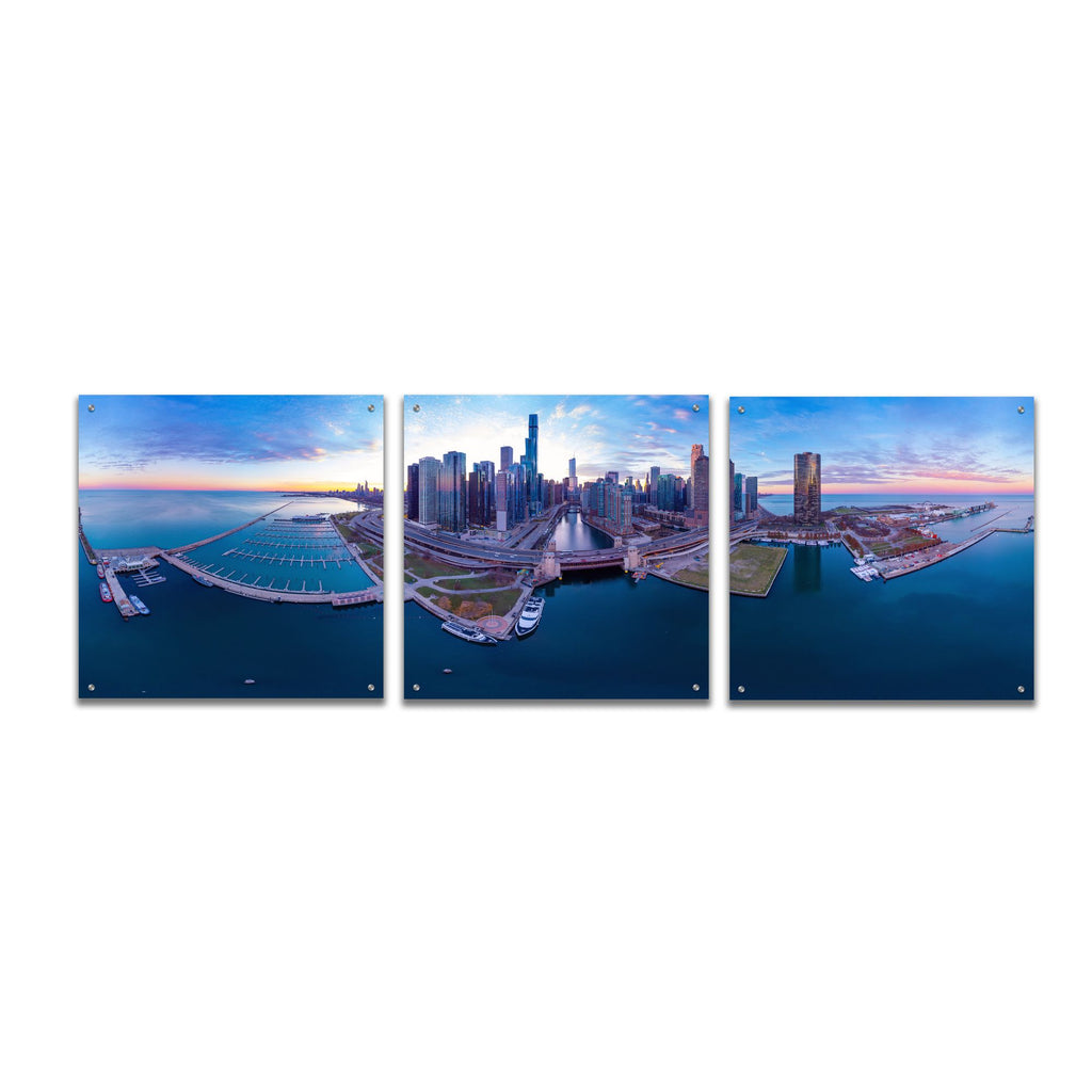 Epic Art 'Cotton Candy Sunset in Chicago' by Epic Portfolio, Acrylic Glass Wall Art, 3 Piece Set