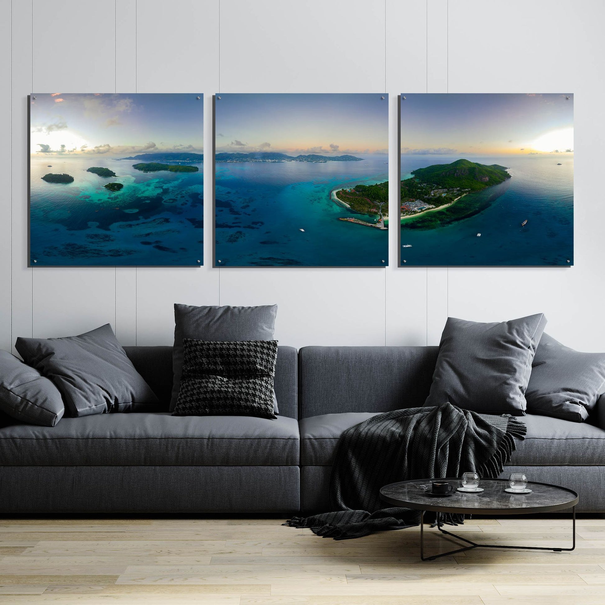 Epic Art 'Seychelles - Mahe from the sky' by Epic Portfolio, Acrylic Glass Wall Art, 3 Piece Set,108x36