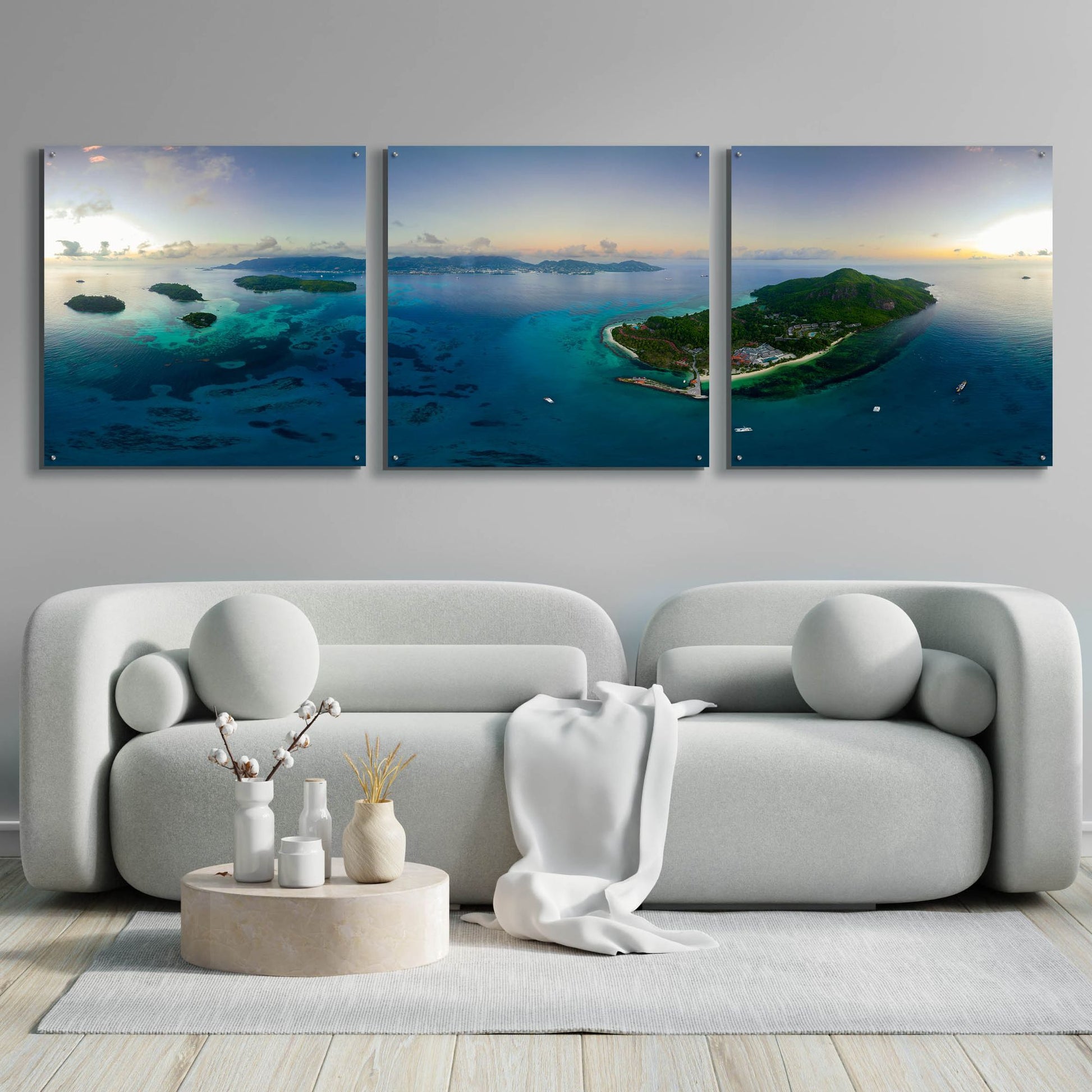 Epic Art 'Seychelles - Mahe from the sky' by Epic Portfolio, Acrylic Glass Wall Art, 3 Piece Set,108x36