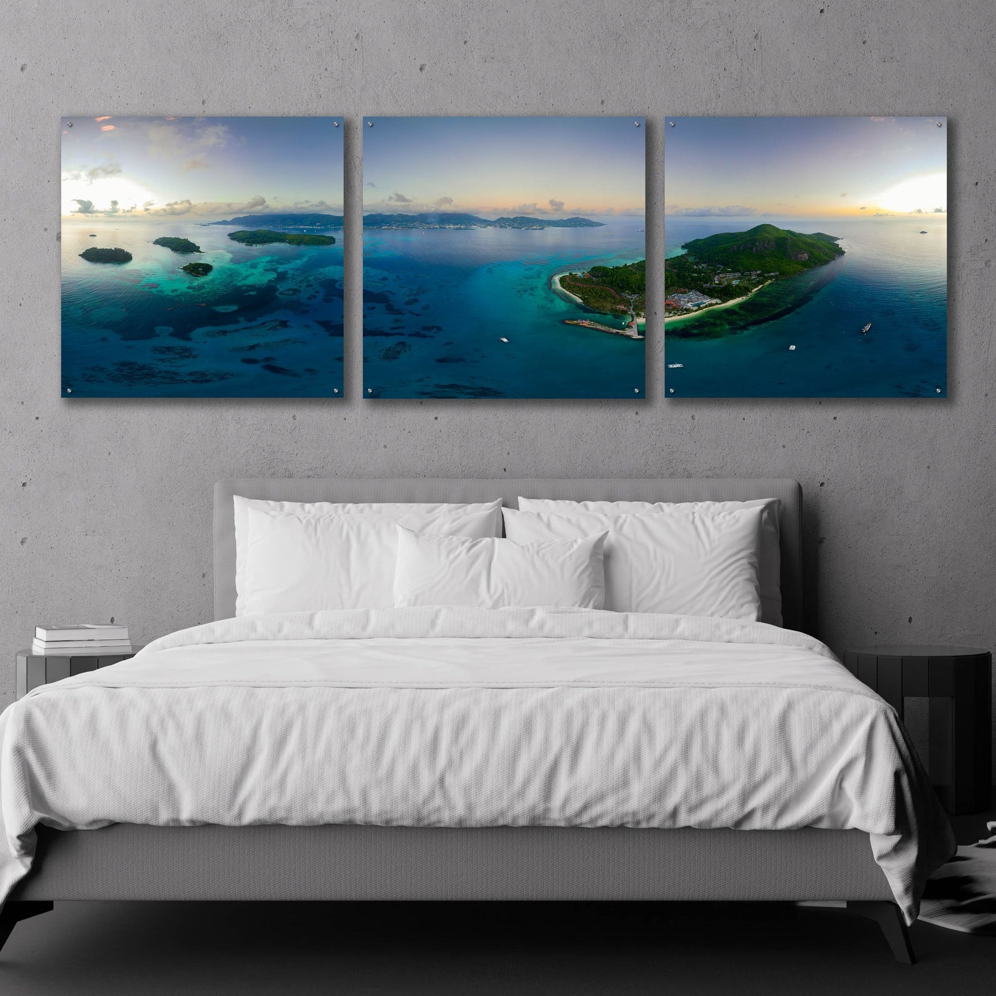 Epic Art 'Seychelles - Mahe from the sky' by Epic Portfolio, Acrylic Glass Wall Art, 3 Piece Set,108x36