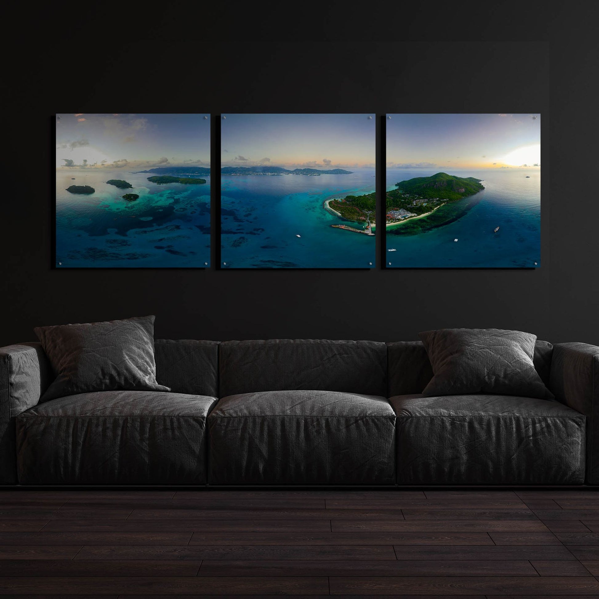 Epic Art 'Seychelles - Mahe from the sky' by Epic Portfolio, Acrylic Glass Wall Art, 3 Piece Set,108x36